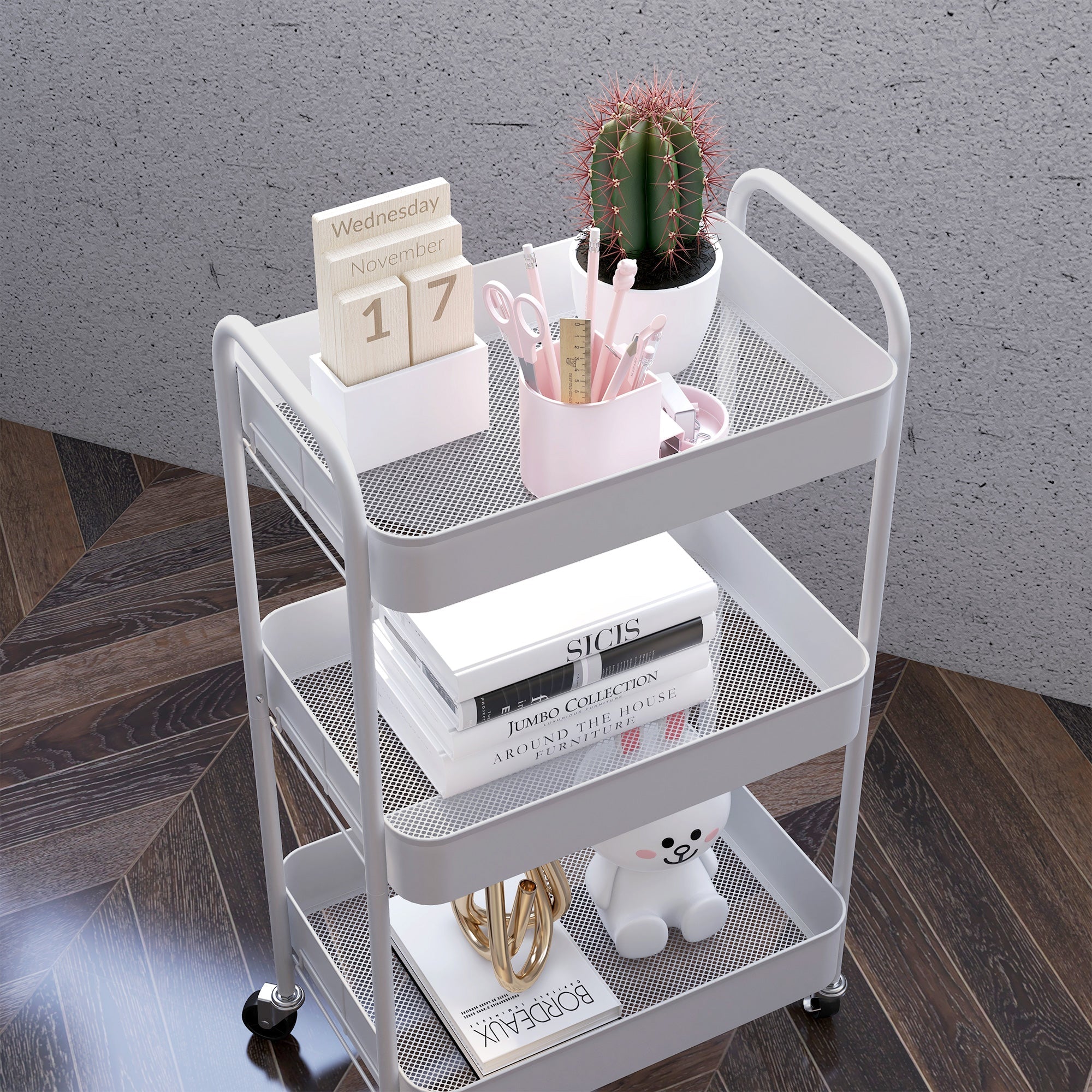 Serving Trolley 3-Shelf Storage Kitchen/Living Room, White Steel