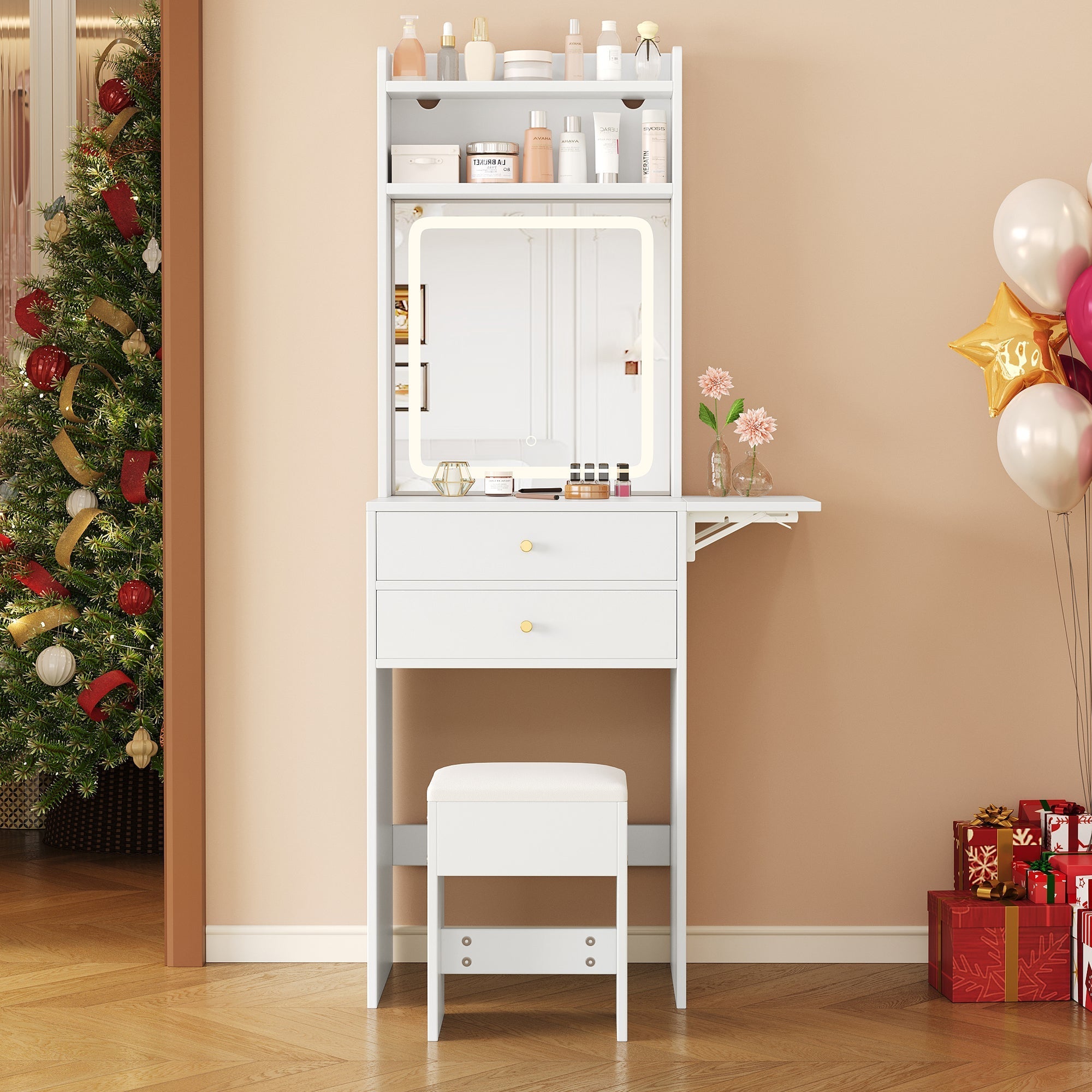 Small dressing table with adjustable LED lighting, stool, 2 drawers, 2 open compartments, and 22cm foldable tabletop, white