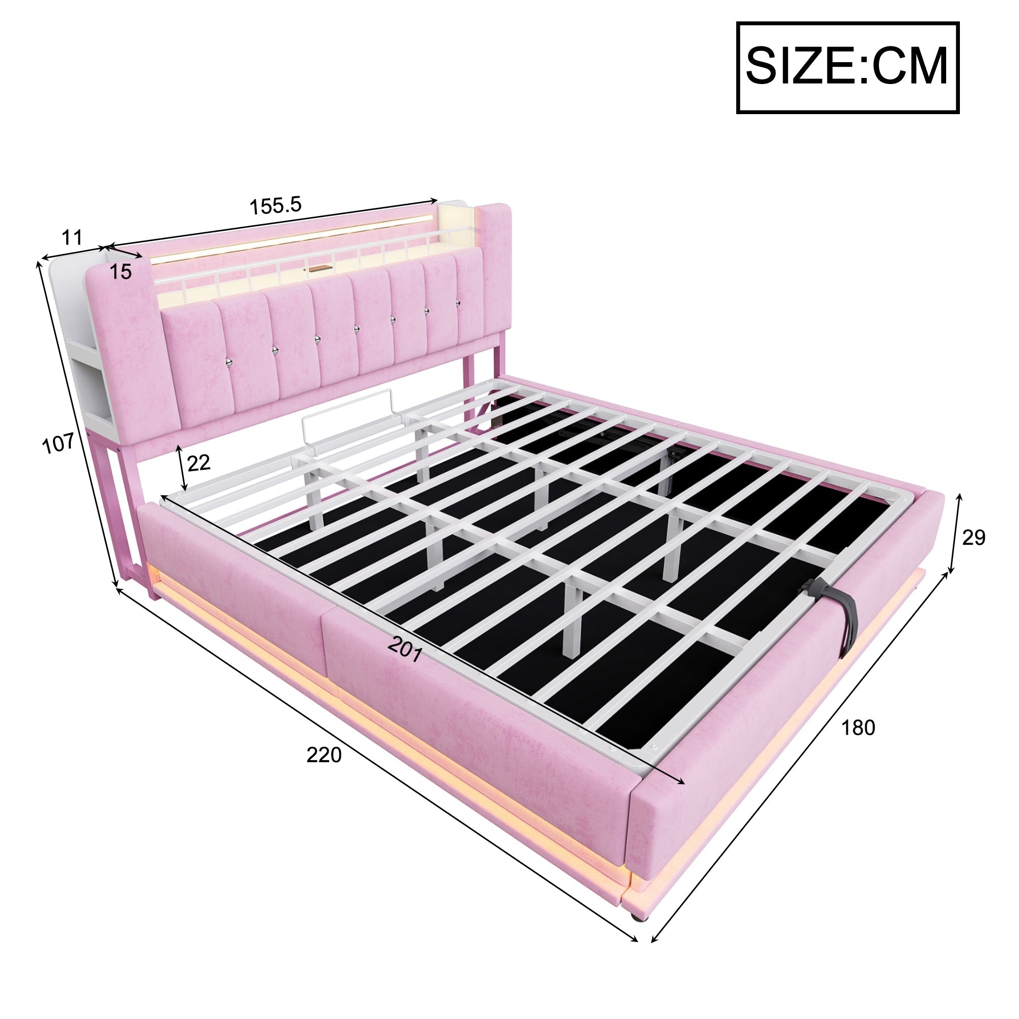 Smart Upholstered Bed with LED Lighting, USB and Hydraulic Storage, 180 x 200 cm, Pink Velvet