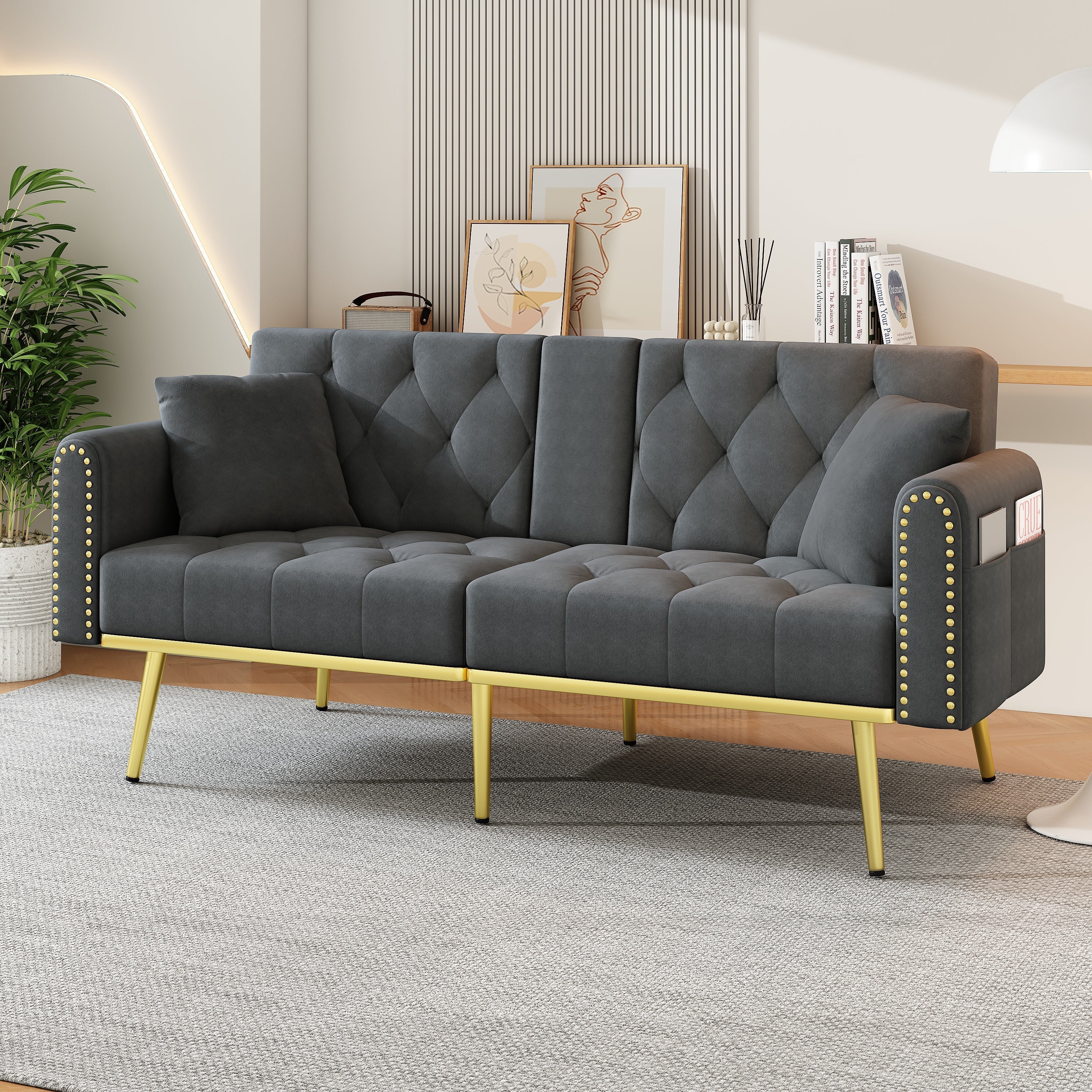 Double Fold-Out Sofa Bed Reclining 3-Position with Cup Holders Fabric Gray