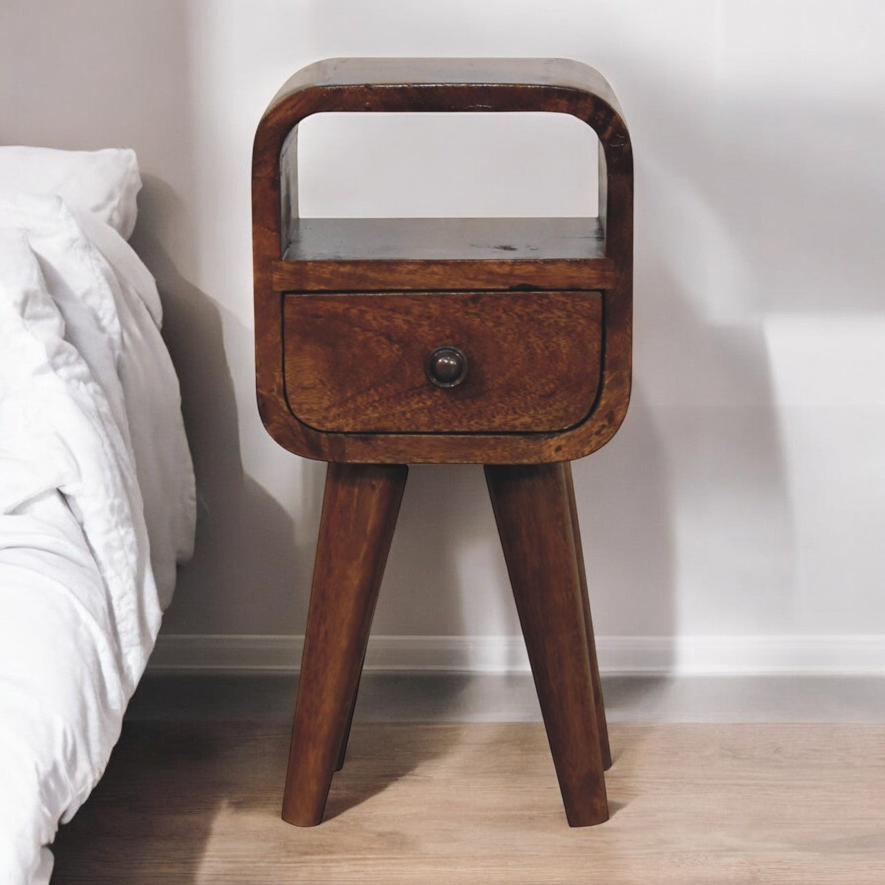 Solid Wood Extra Mini Curve Bedside, Open Slot and 1 Drawer, Dark Brown