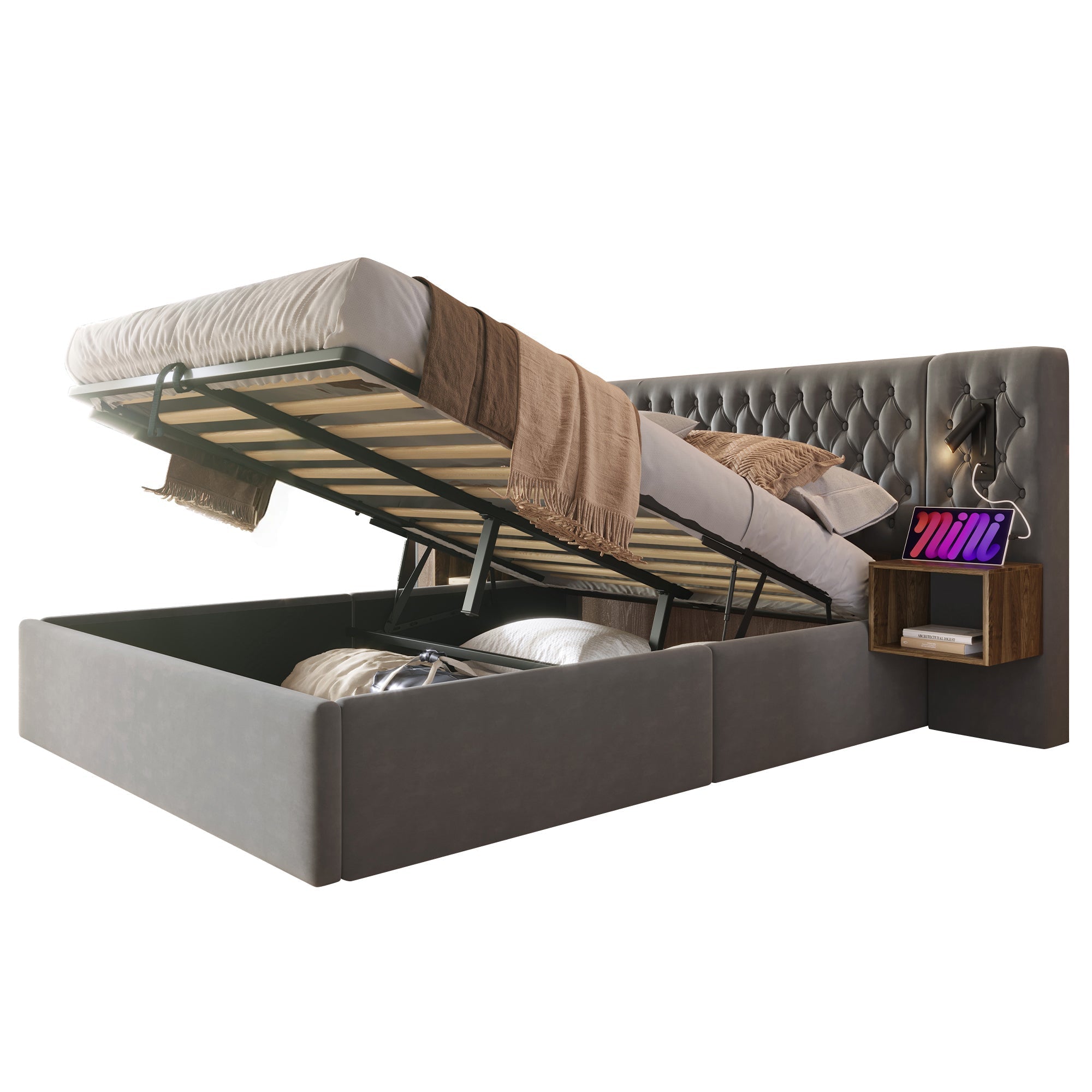 Bedroom Complete Set, Upholstered Hydraulic Storage Double Bed with 2 Bedside Tables, Reading Light, USB Charging, Gray Velvet