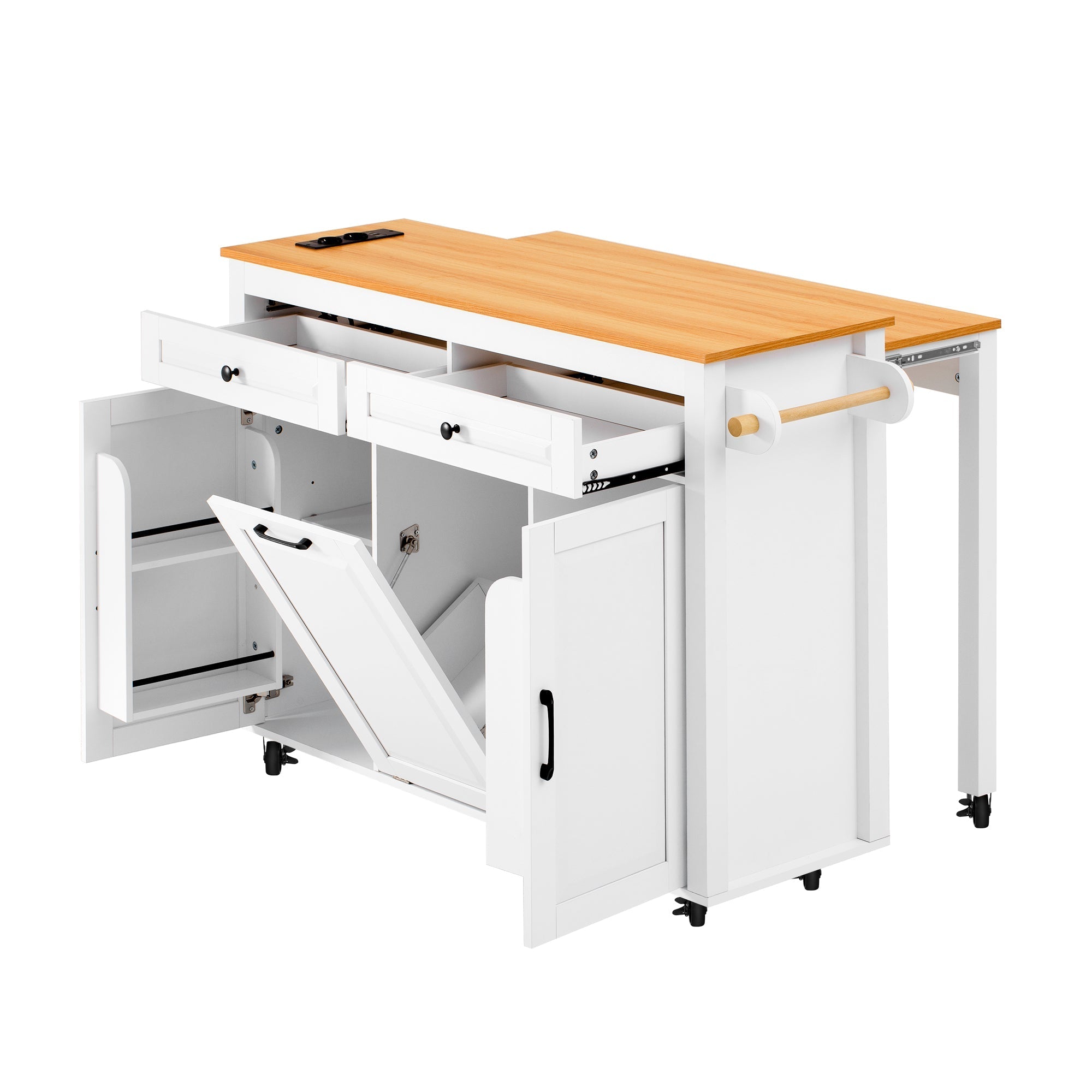 Kitchen Island Extendable Worktop Power Strips Waste Bin - White