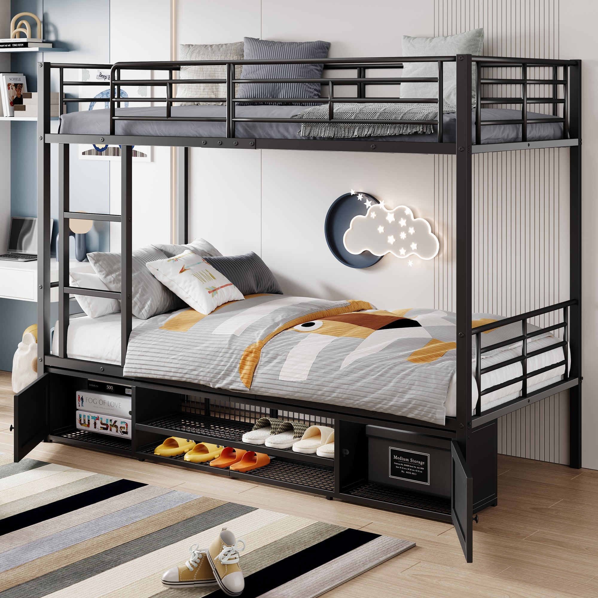 Iron Frame Bunk Bed with Storage, Ladder, and Safety Rail, 90x200cm, Black Iron