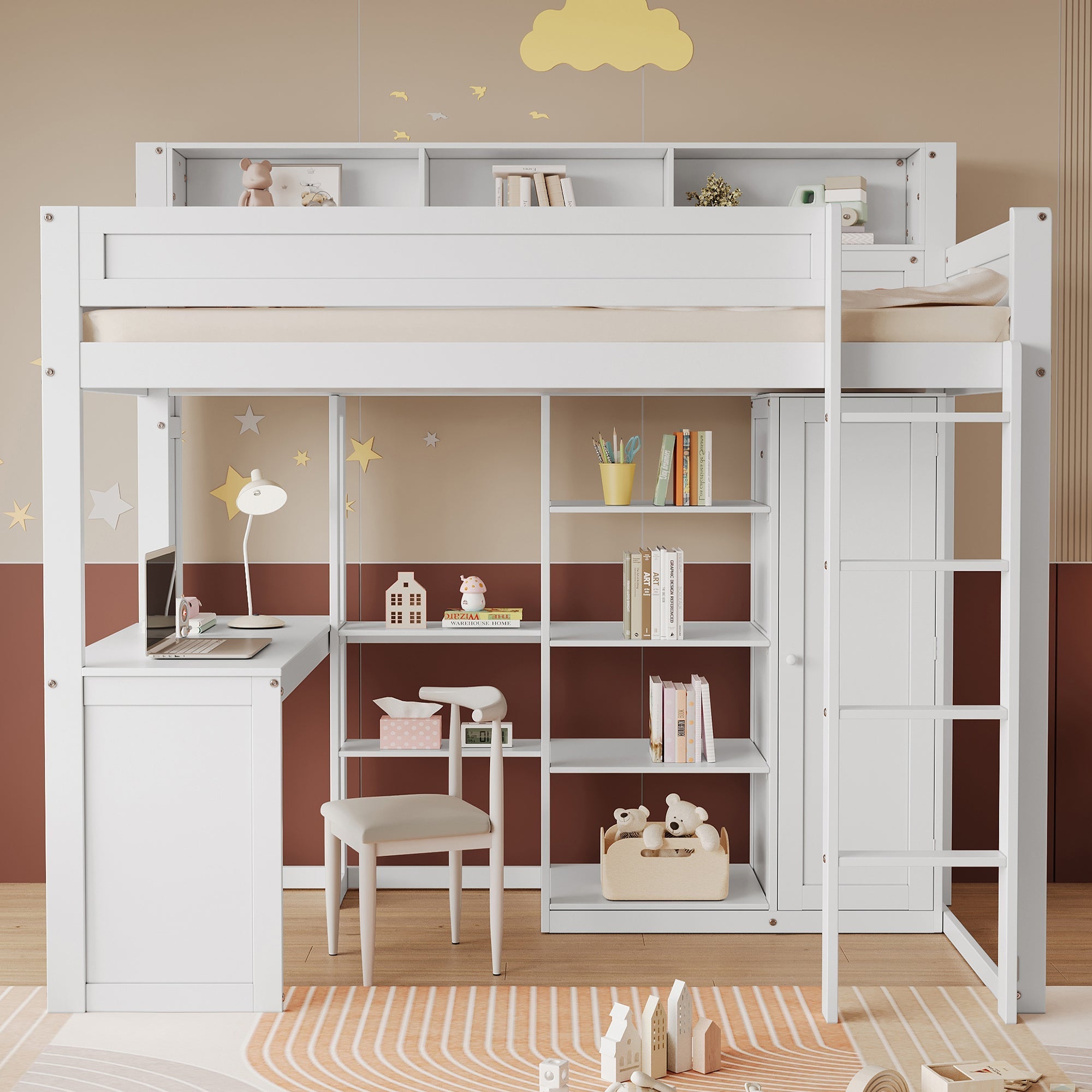 Bunk Bed with Table & Wardrobe, Safety Gate & Shelves, Pine+MDF+Plywood, White, 90x200cm