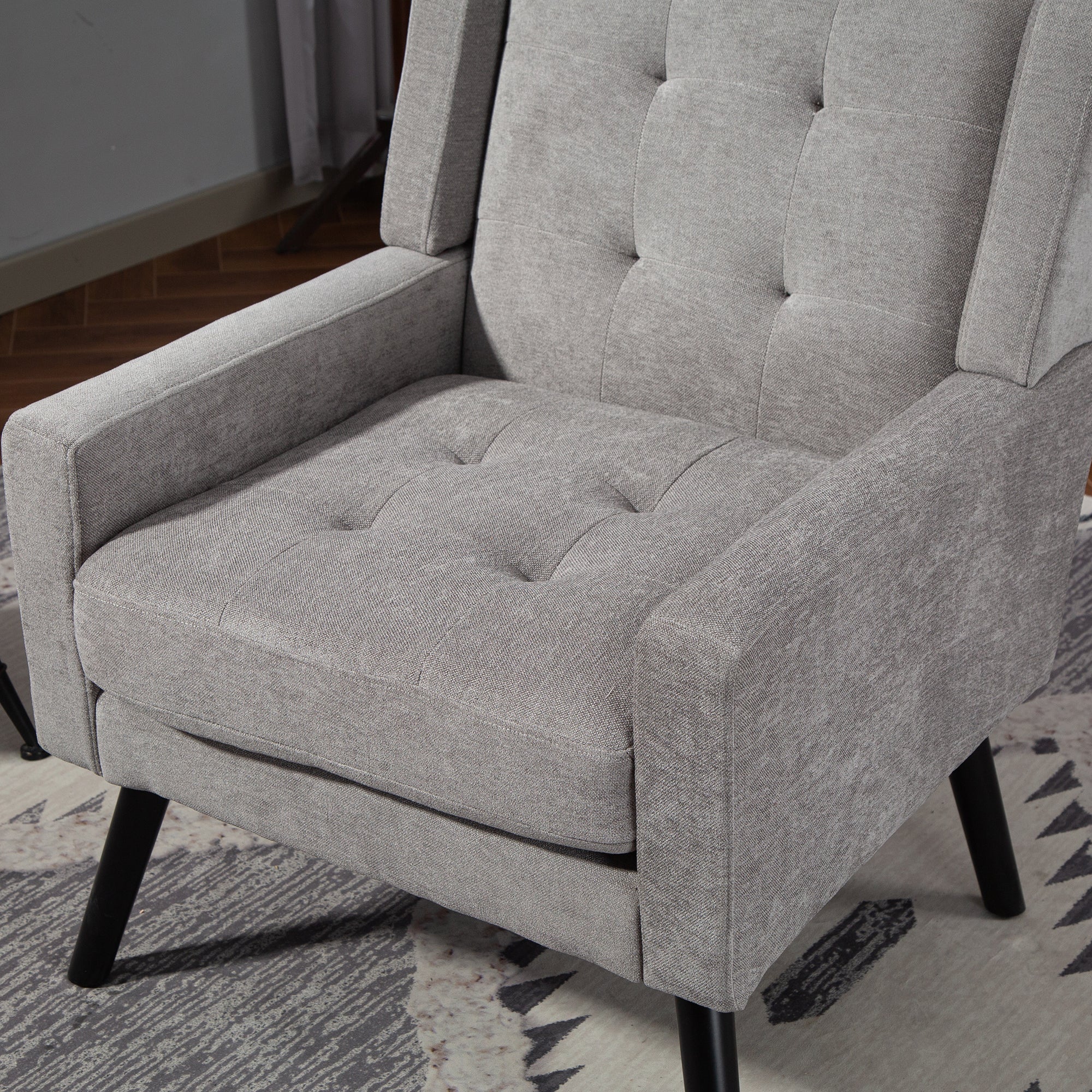 Mid-Century Modern Armchair with Buttoned Padding and Solid Wood Legs, Black Suede