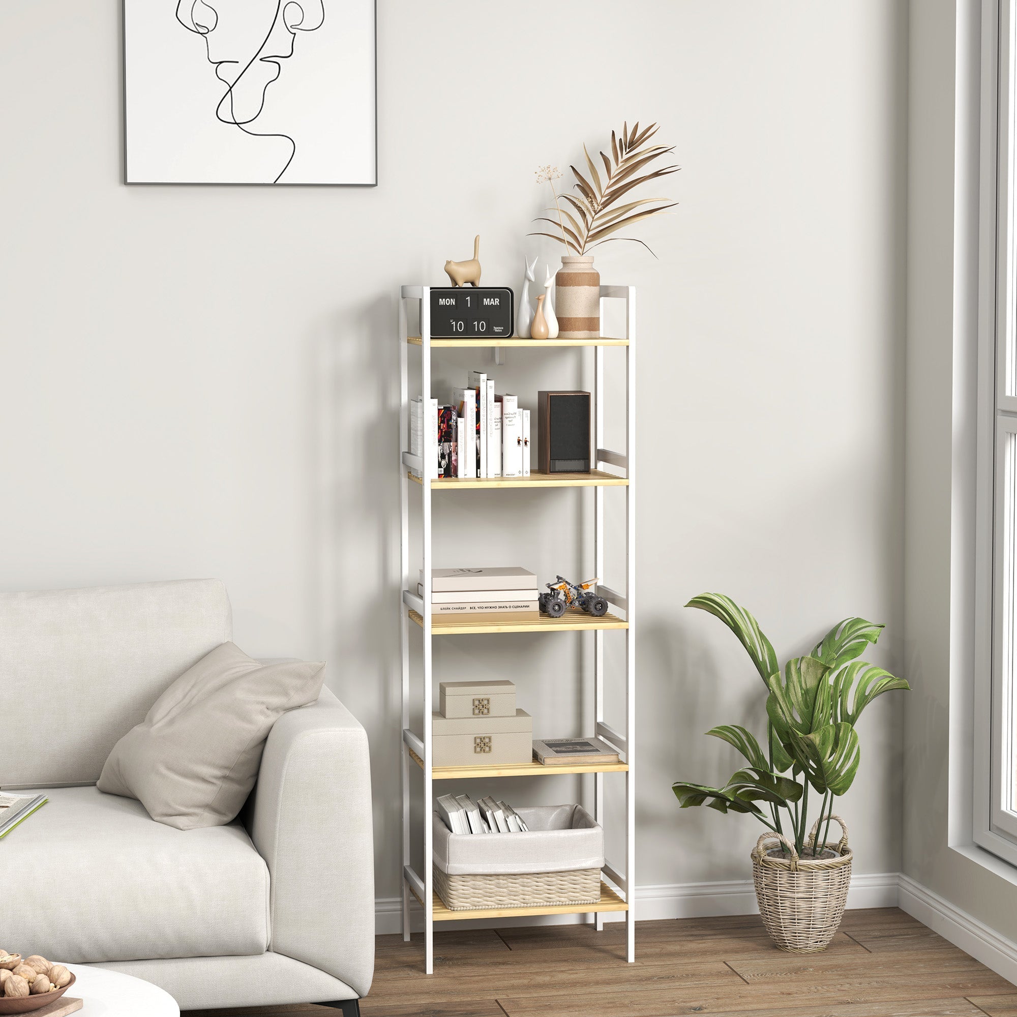 Shelf Storage Unit, Five-Tier Adjustable Bamboo