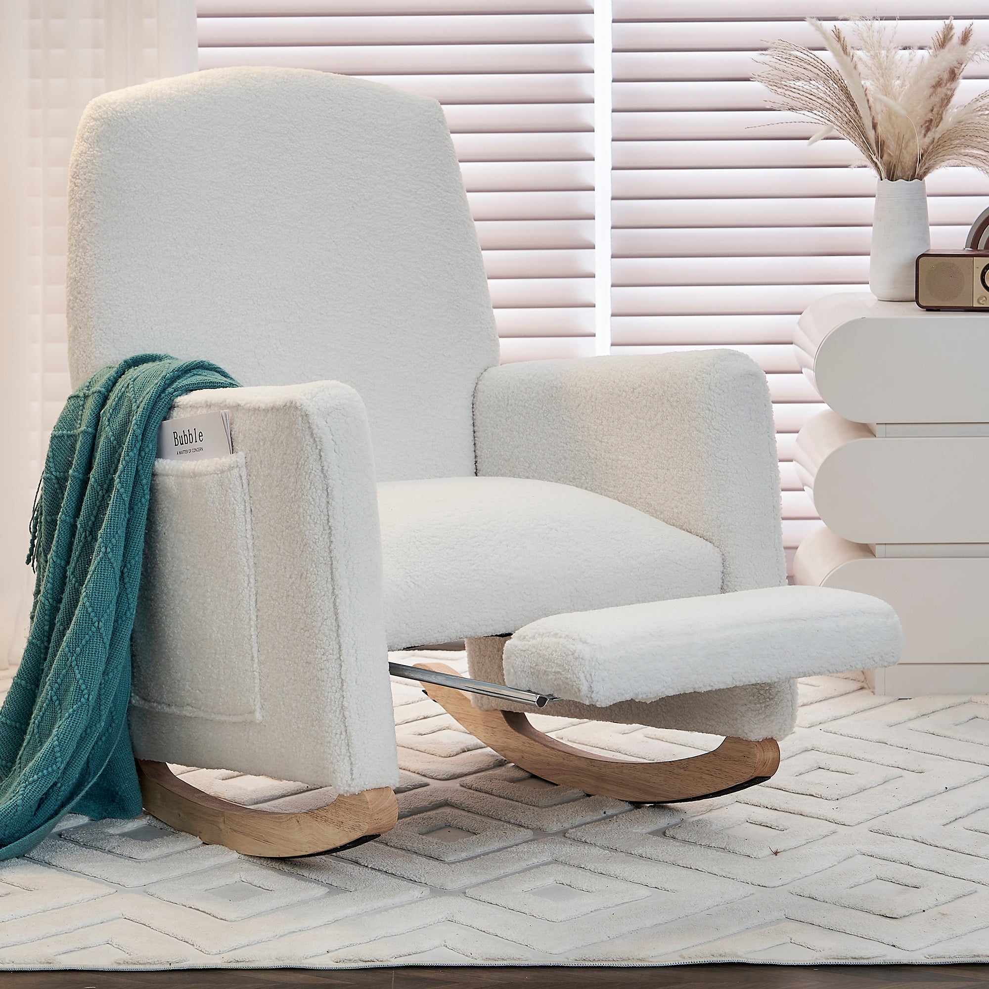 044 Rocking Chair with Stool, Recliner, High Back, White Teddy Fabric