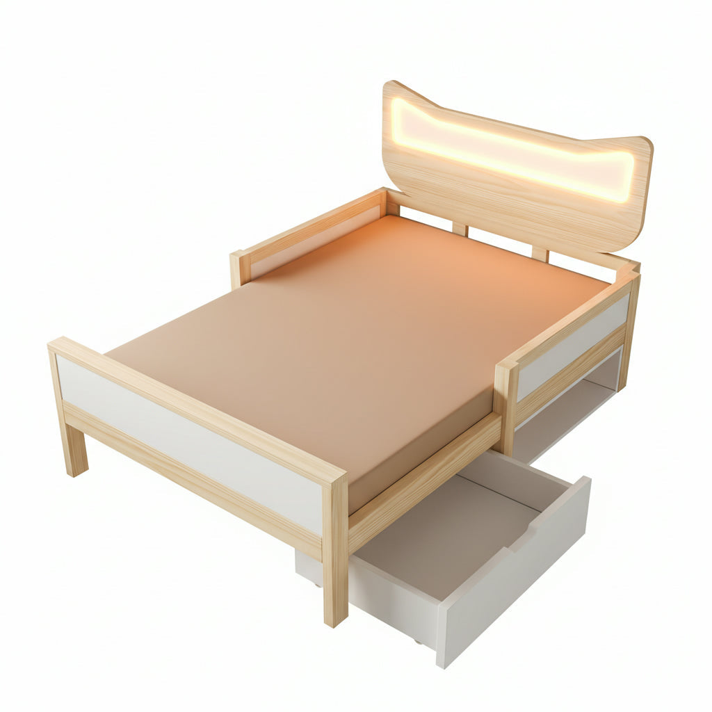 Children's Bed with Cat Ear Headboard, RGB LED Lighting, Drawer and Safety Rails, 90x200cm, White and Oak