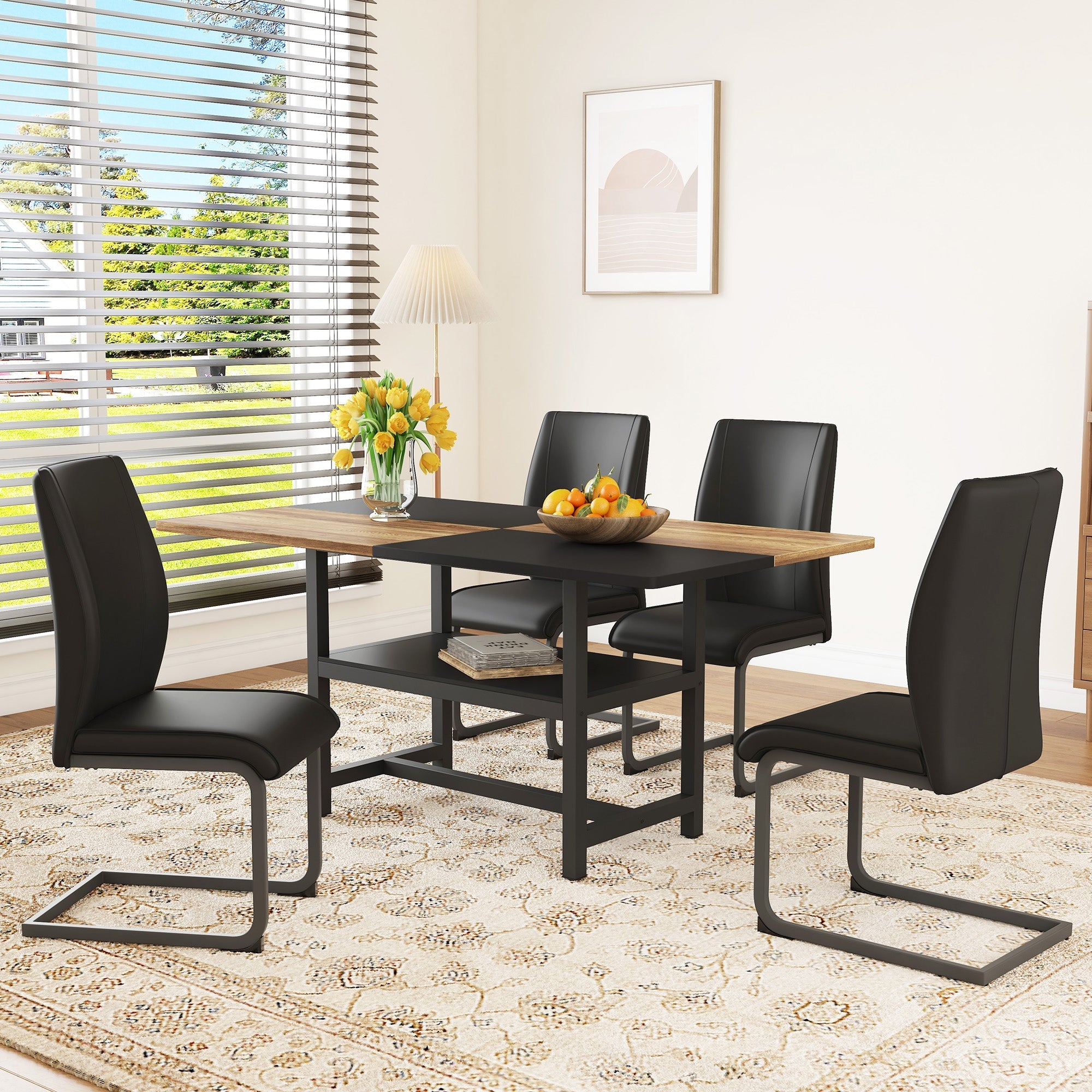 Table Set Rectangular 160x90cm Storage Shelf 4 Armchairs - Black Faux Leather