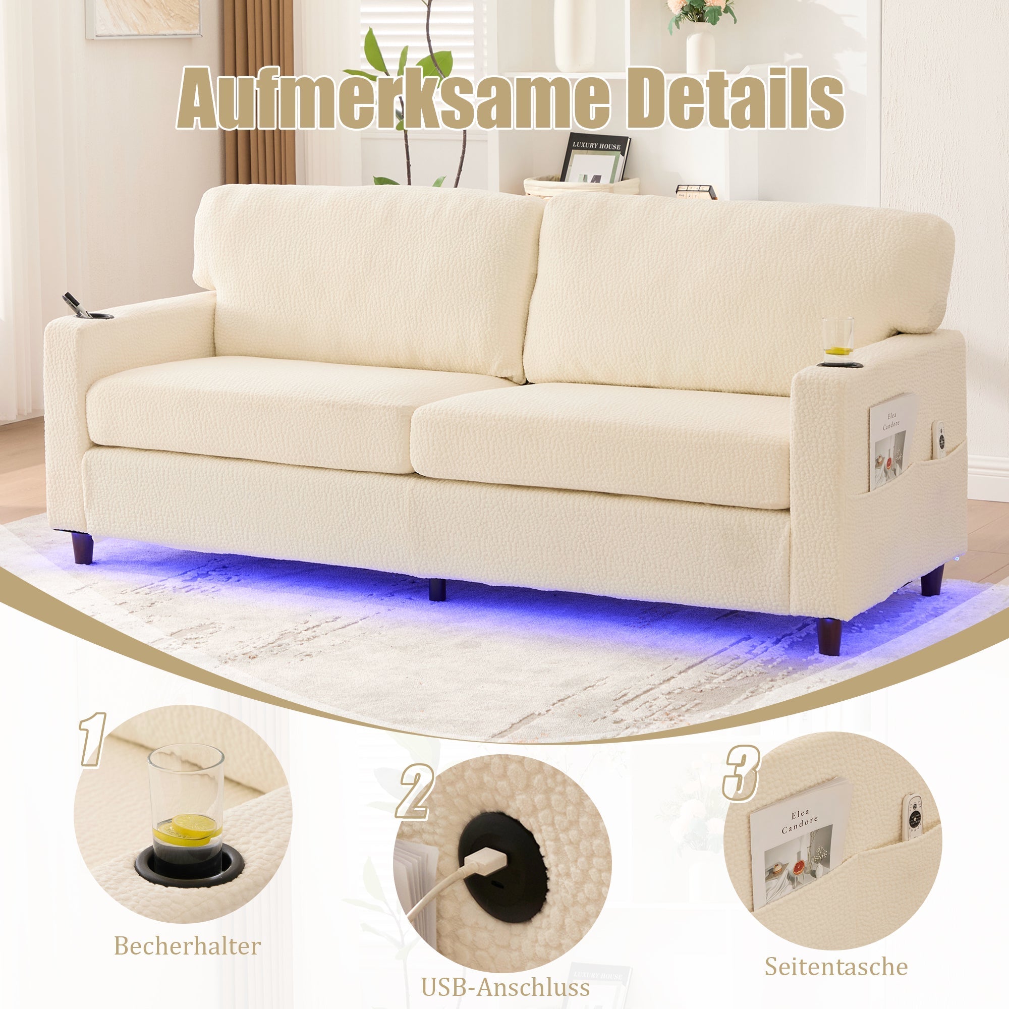 Modern 2-Seater Sofa with USB-C, LED Light, Cupholders, Chenille Beige