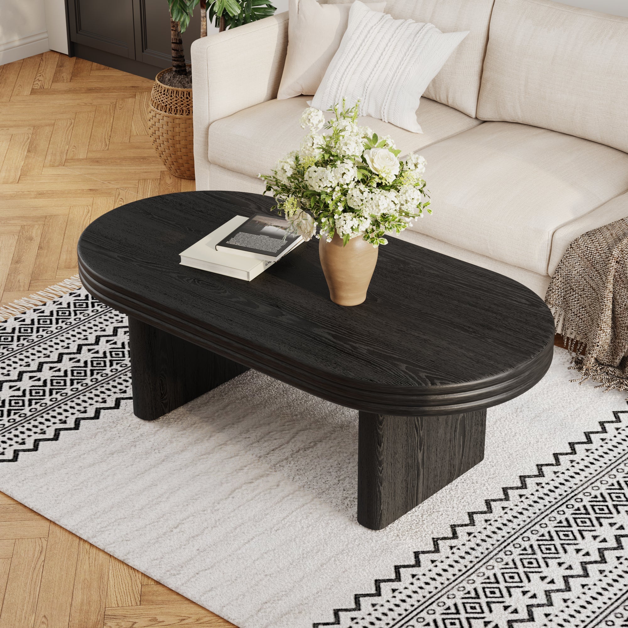 Mid Century Modern Oval Fluted Coffee Table Rustic Wood - Black
