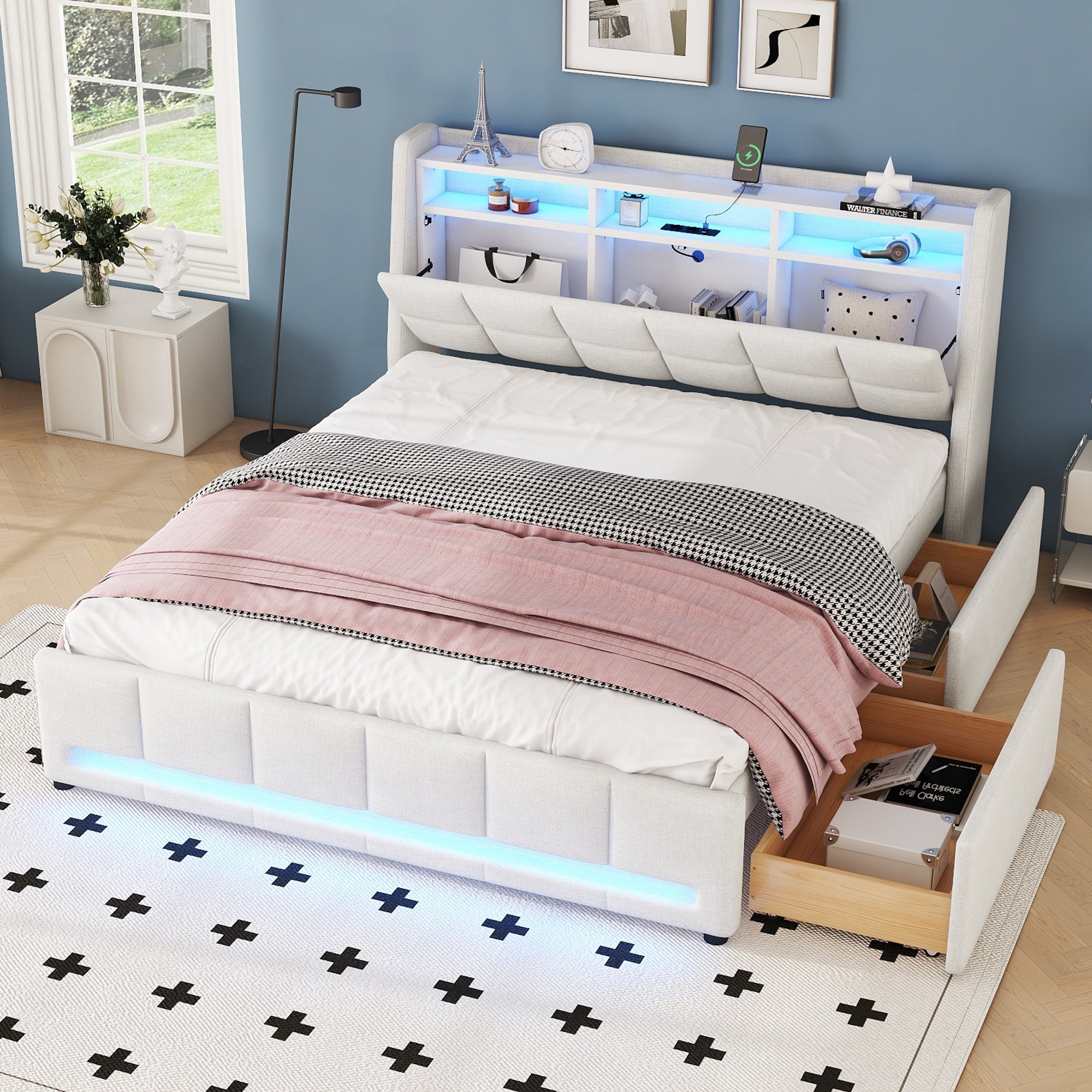Upholstered Bed 160x200cm LED App Control Drawers USB Storage - Linen Beige