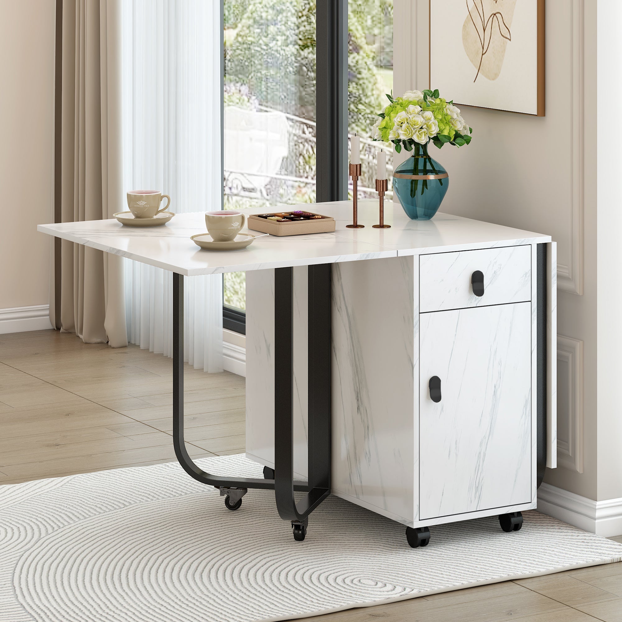 Folding Dining Table, Space-Saving with Cabinet and 2 Drawers, White/Black