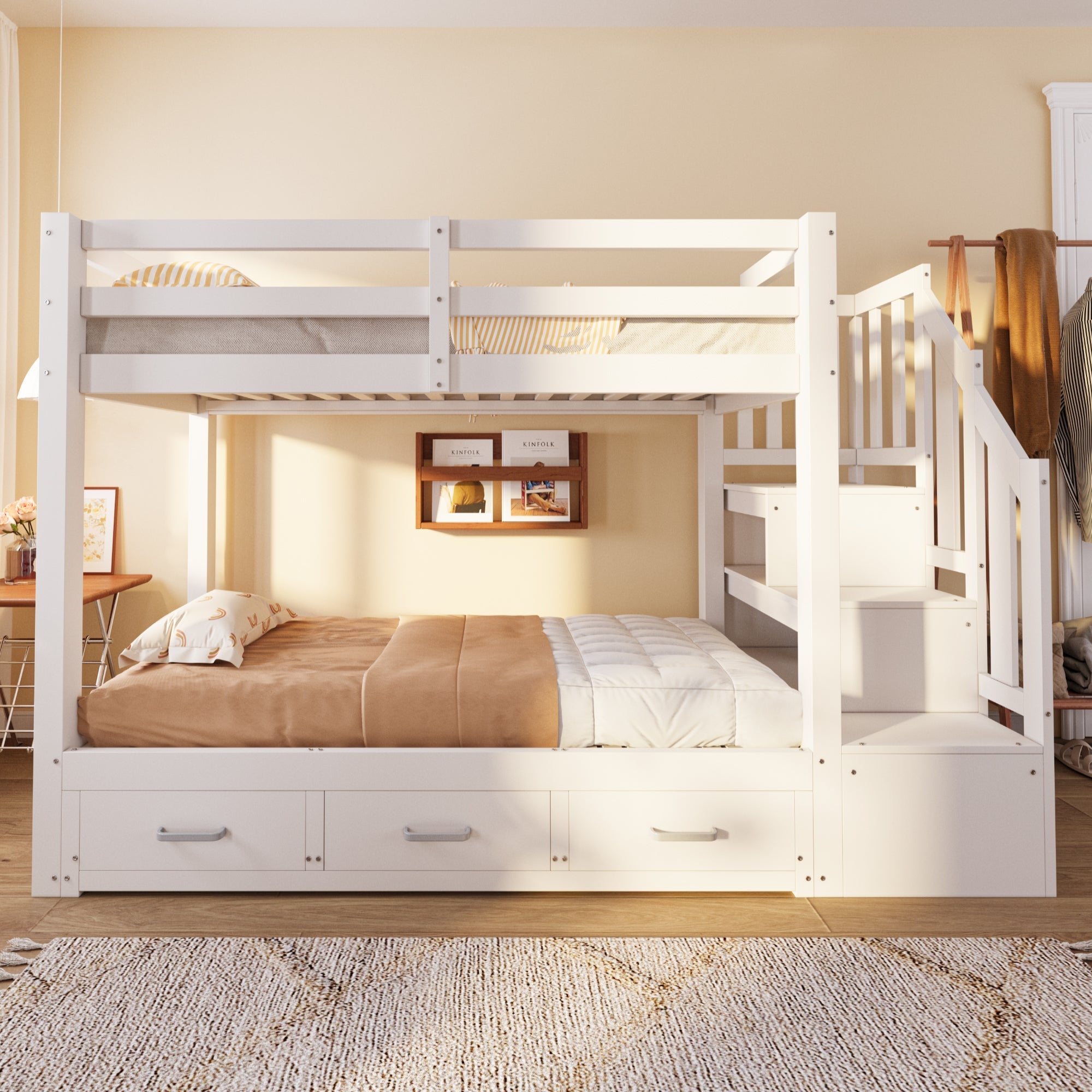 Bunk Bed with Pull-out Bed, Storage Ladder and Drawers, 90x200cm, White Wood