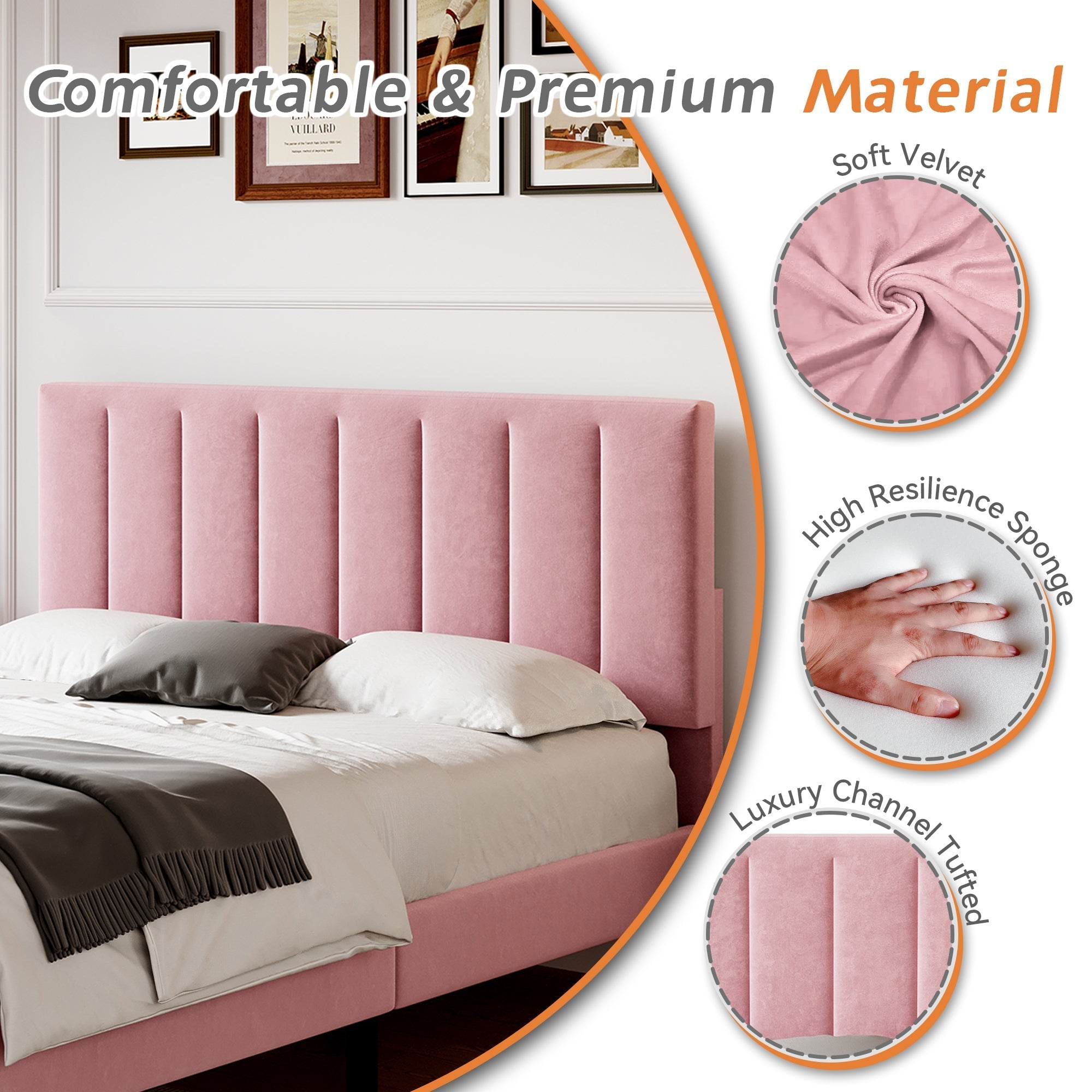 4ft6 Double Upholstered Velvet Bed Frame, Adjustable Channel Tufted Headboard, Pink