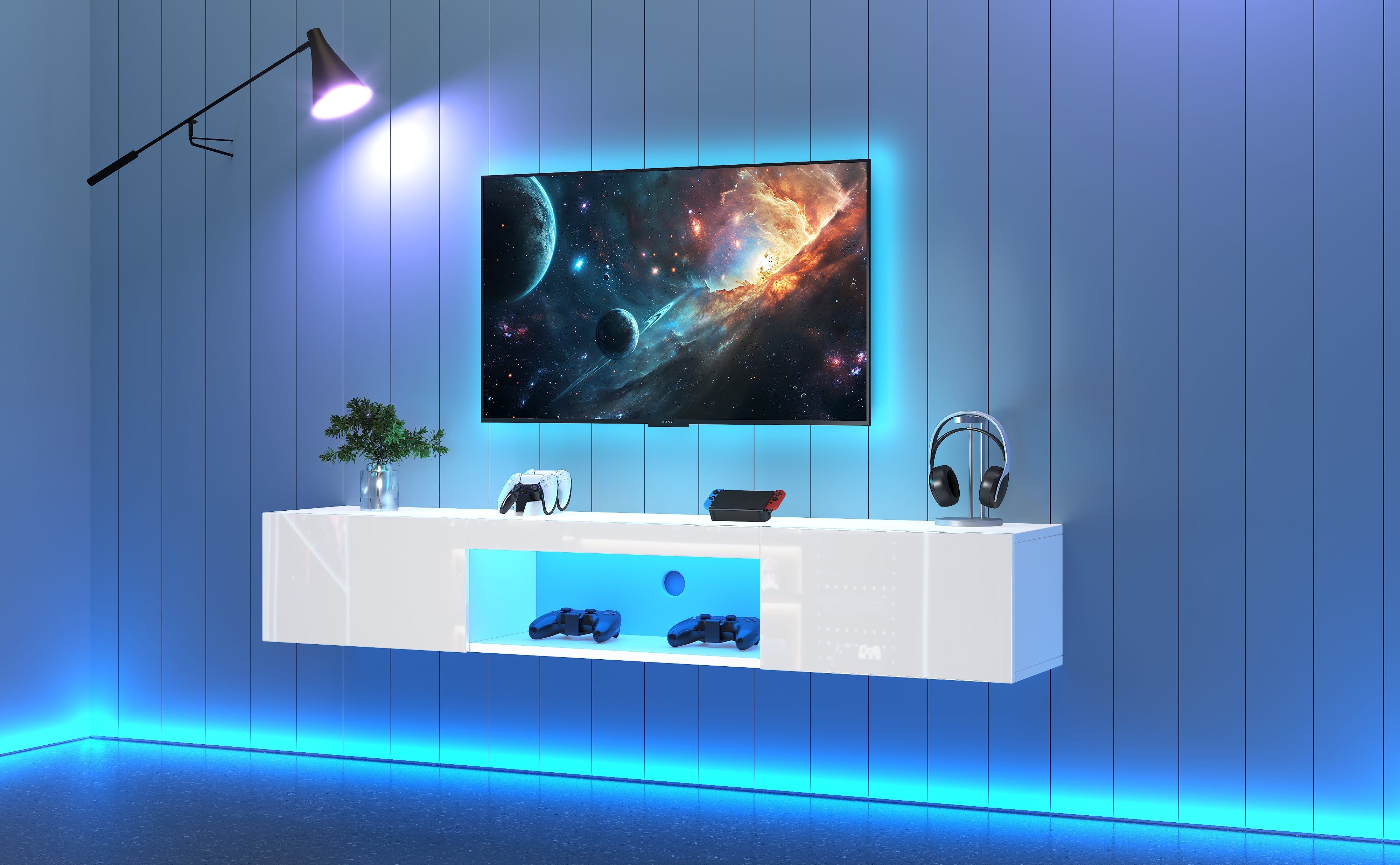Wall Cabinet, 160x31x22cm for 70-inch TV, 30kg load, LED lighting, Bluetooth APP, high-gloss white