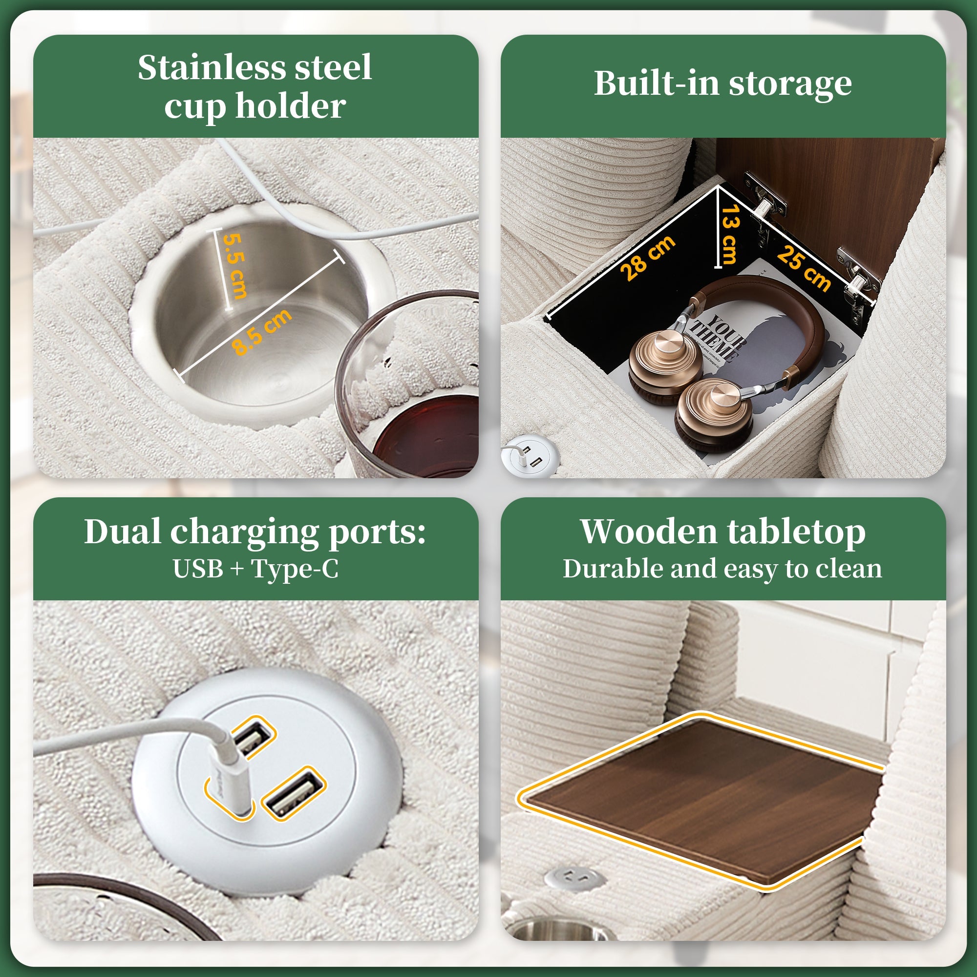 Modern L-shaped Convertible Corner Sofa with Console & USB, Corduroy Fabric