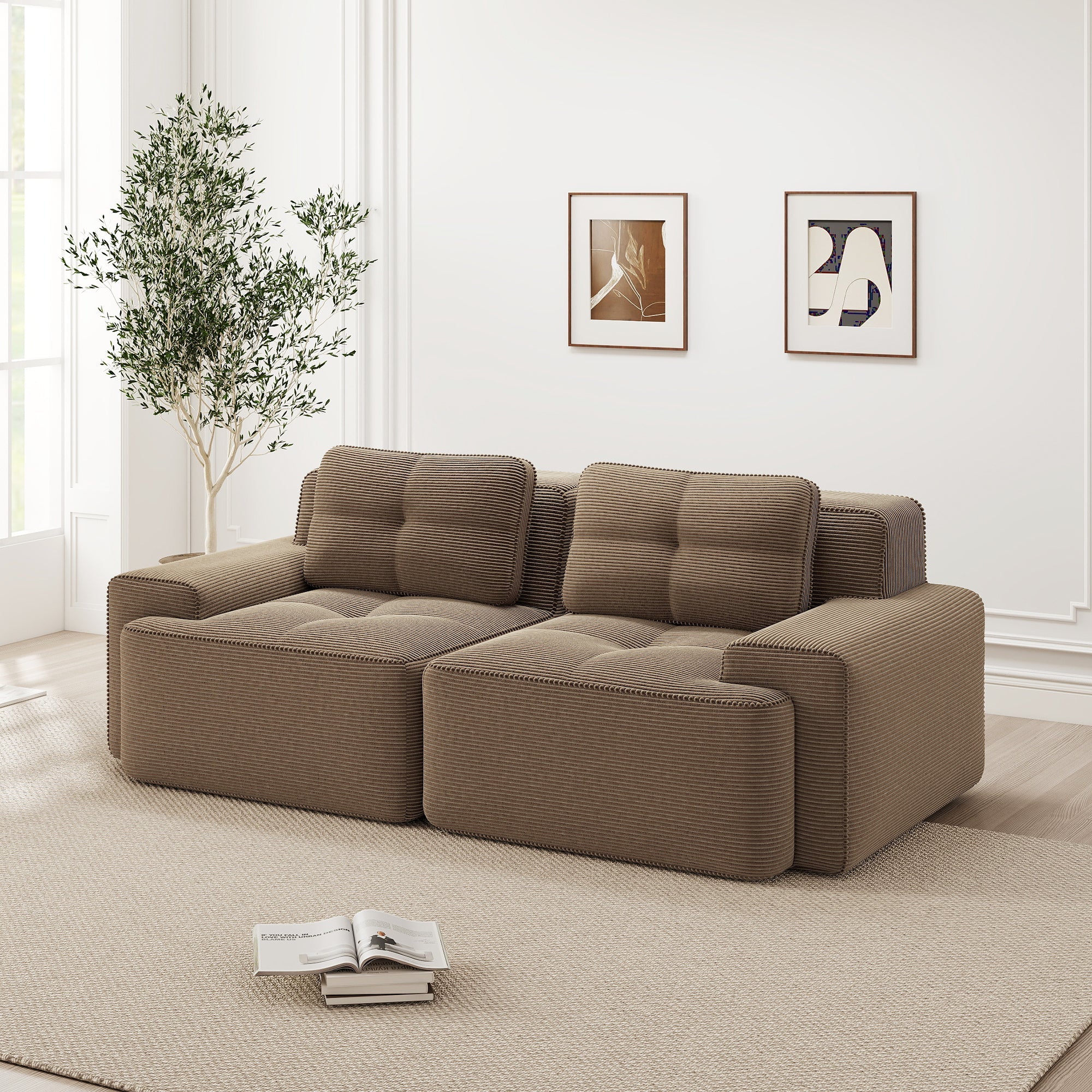 Boneless Modular Sofa Deep Seat Sleeper Loveseat - Brown Corduroy