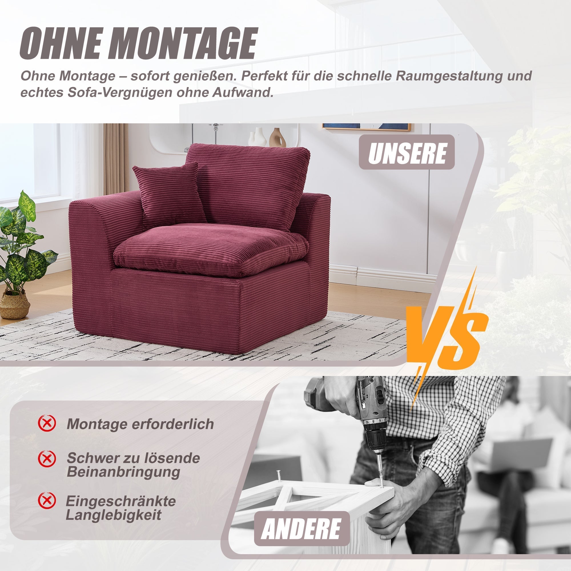Modern Single-Seater Sofa Armchair Nordic Minimalist with Cushion - Fabric
