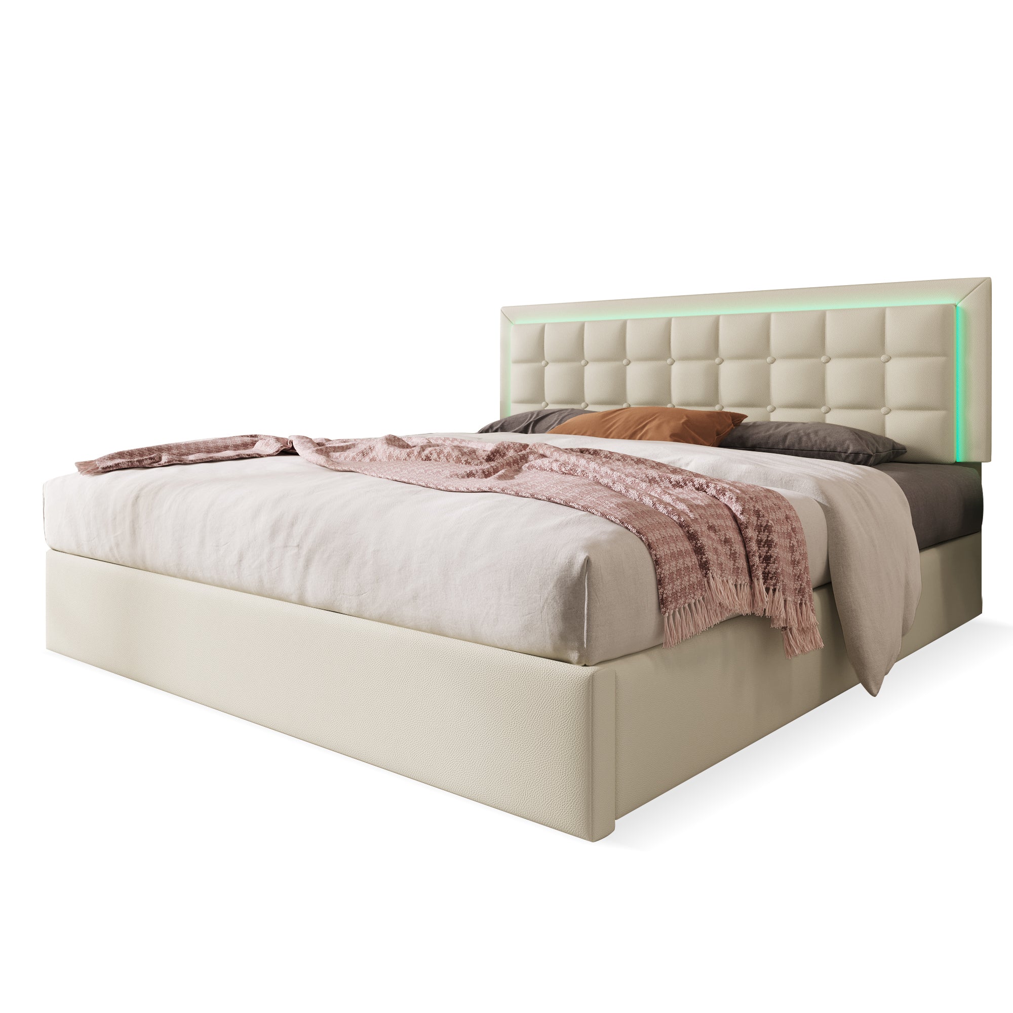 Upholstered Bed, 160x200cm LED Storage Double, White Faux Leather