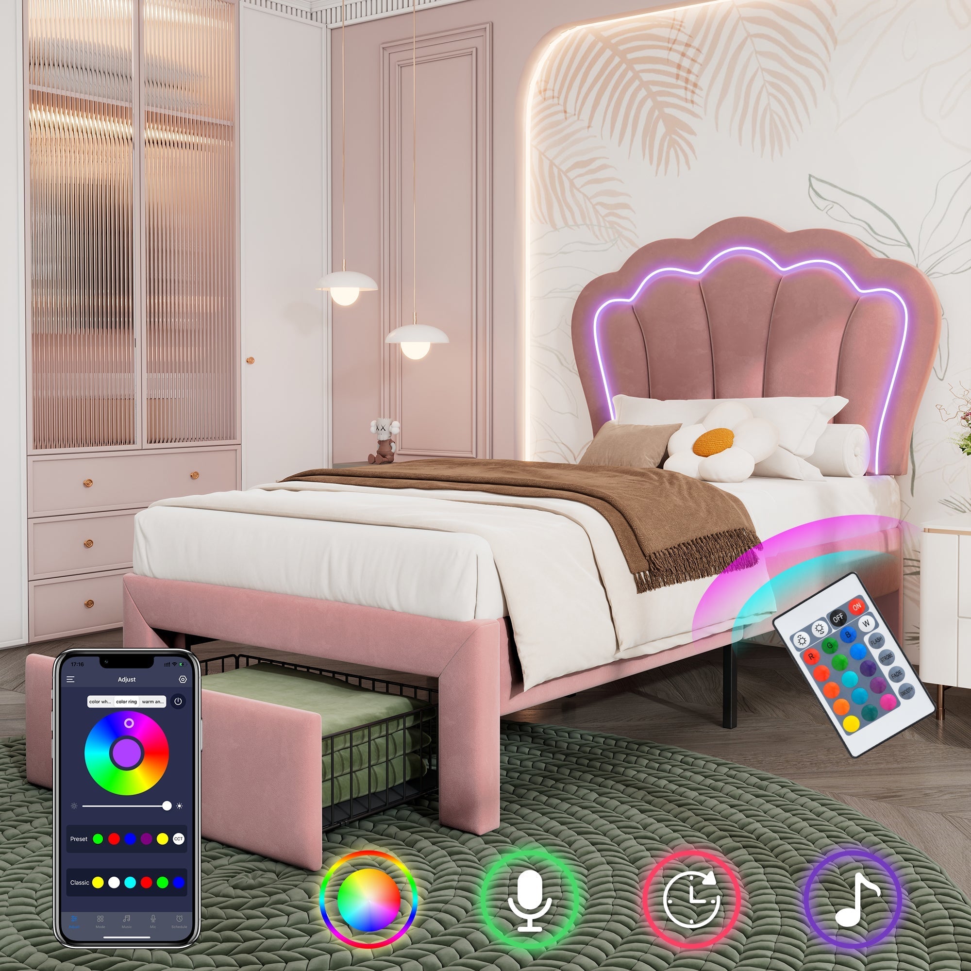 Children's Bed, LED Single with Drawers, APP-Control, Adjustable Headboard, Velvet Pink