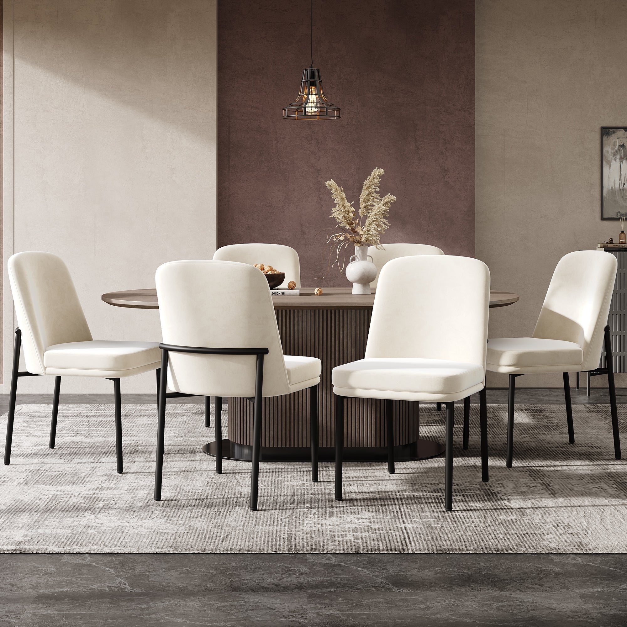 Dining Chairs Set of 6 Black Metal Legs Modern - Beige Velvet