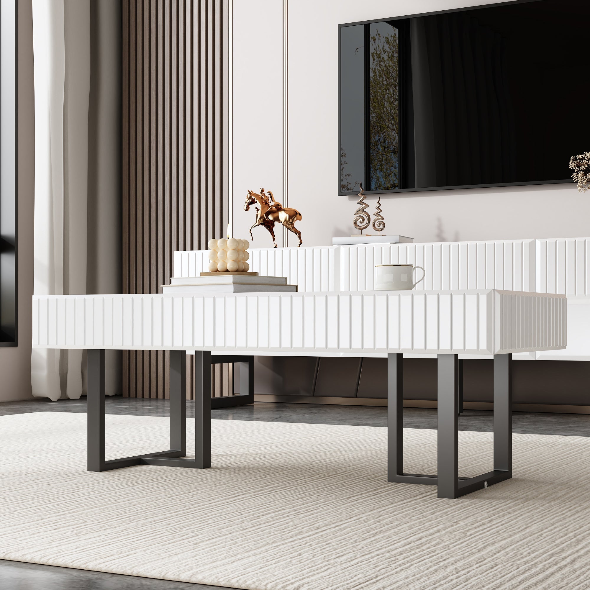 Coffee Table and TV Cabinet Set Modern Minimalist Storage Furniture - Black and White Stripe