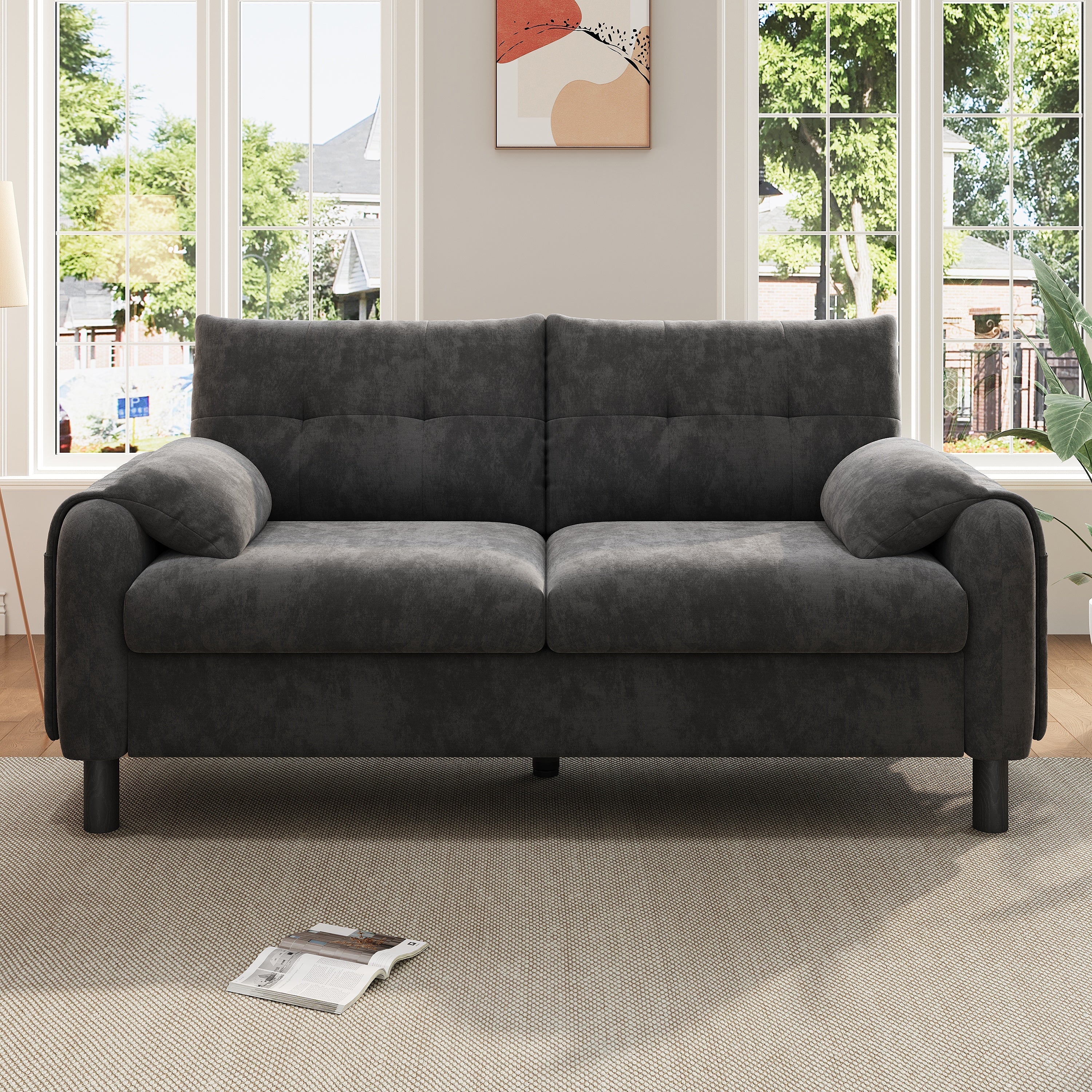 Modern 2-Seater Sofa, Thick Cushions, Scandinavian Design, Chenille Gray