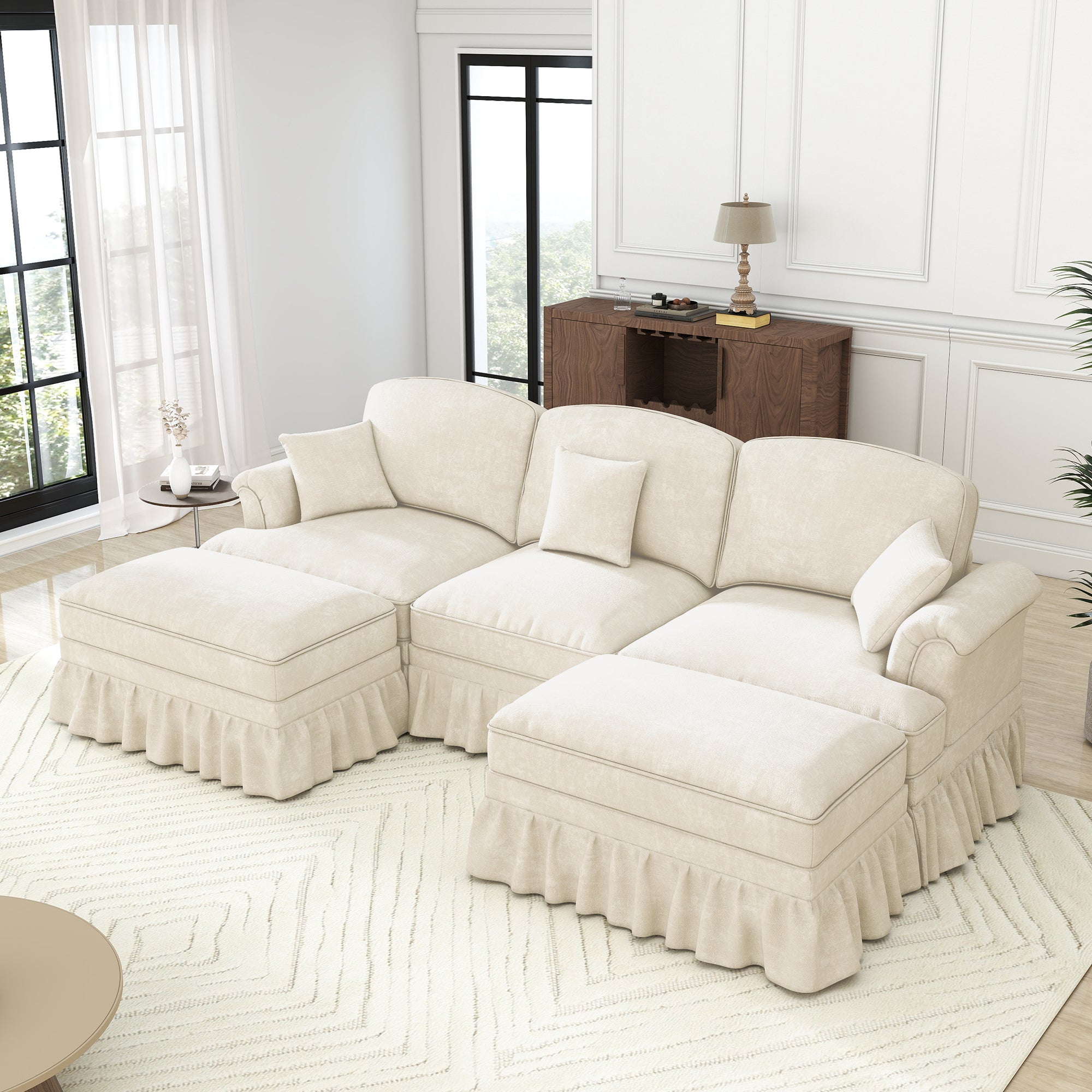 Classic Modular U-Shaped Sofa Chenille Movable Ottoman - White