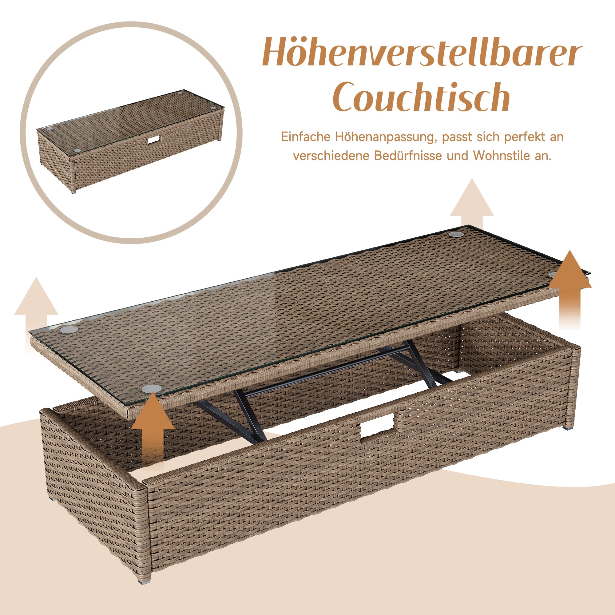 Polyrattan Garden Furniture Set with Adjustable Coffee Table and Removable Awning, Khaki PE Rattan