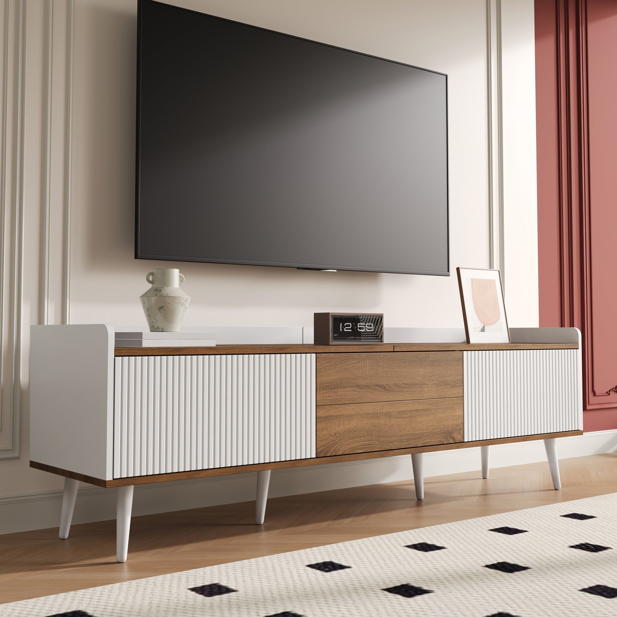 TV Cabinet Three-Door Compact Design, White and Natural Wood