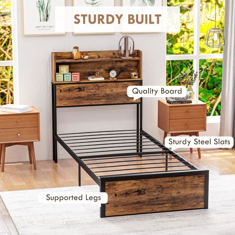 Industrial Single Bed Frame, Steel Base with Storage Headboard and Slats, Rustic Brown