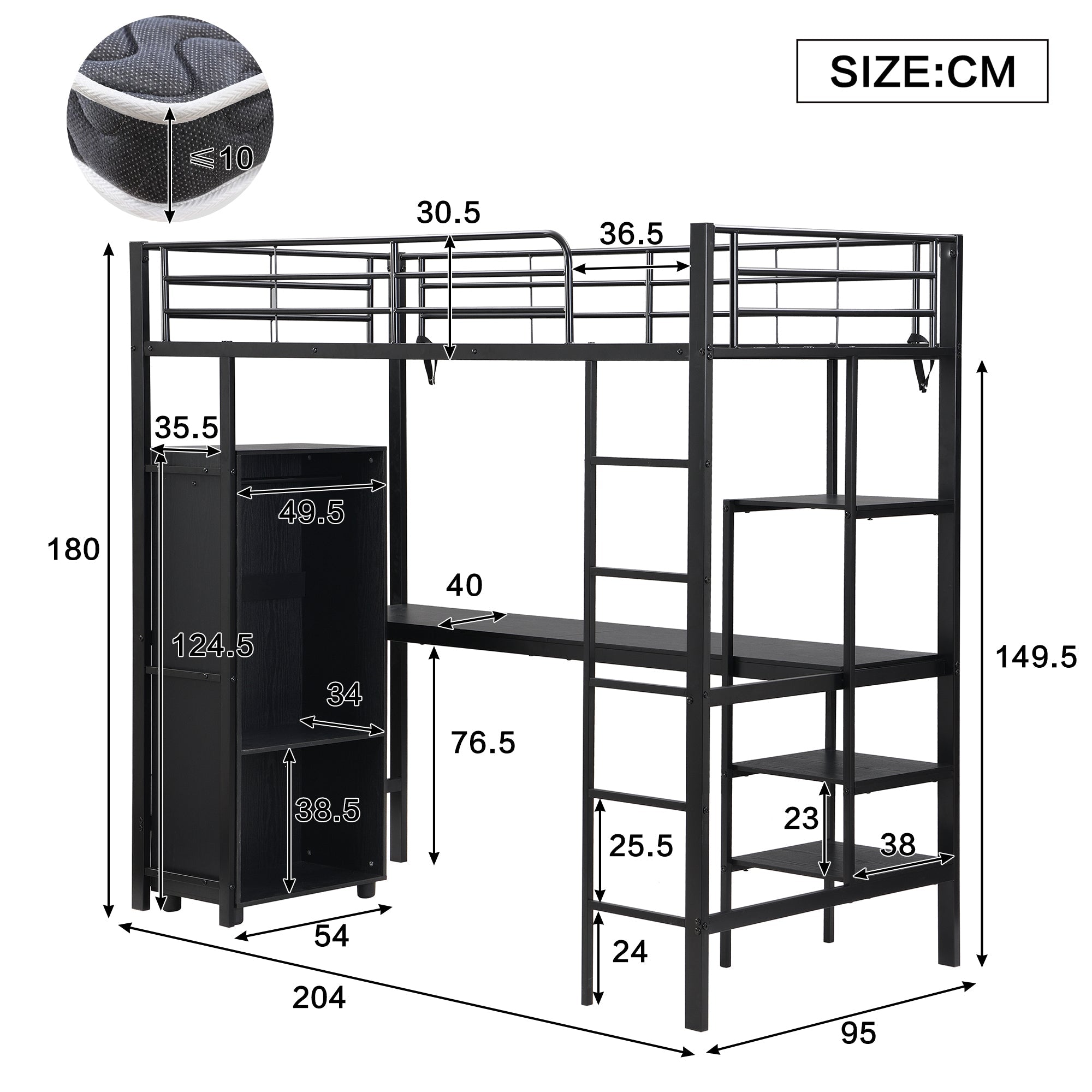 Iron Bunk Bed with Table Wardrobe Storage Ladder 90x200cm, Black Iron/Chipboard