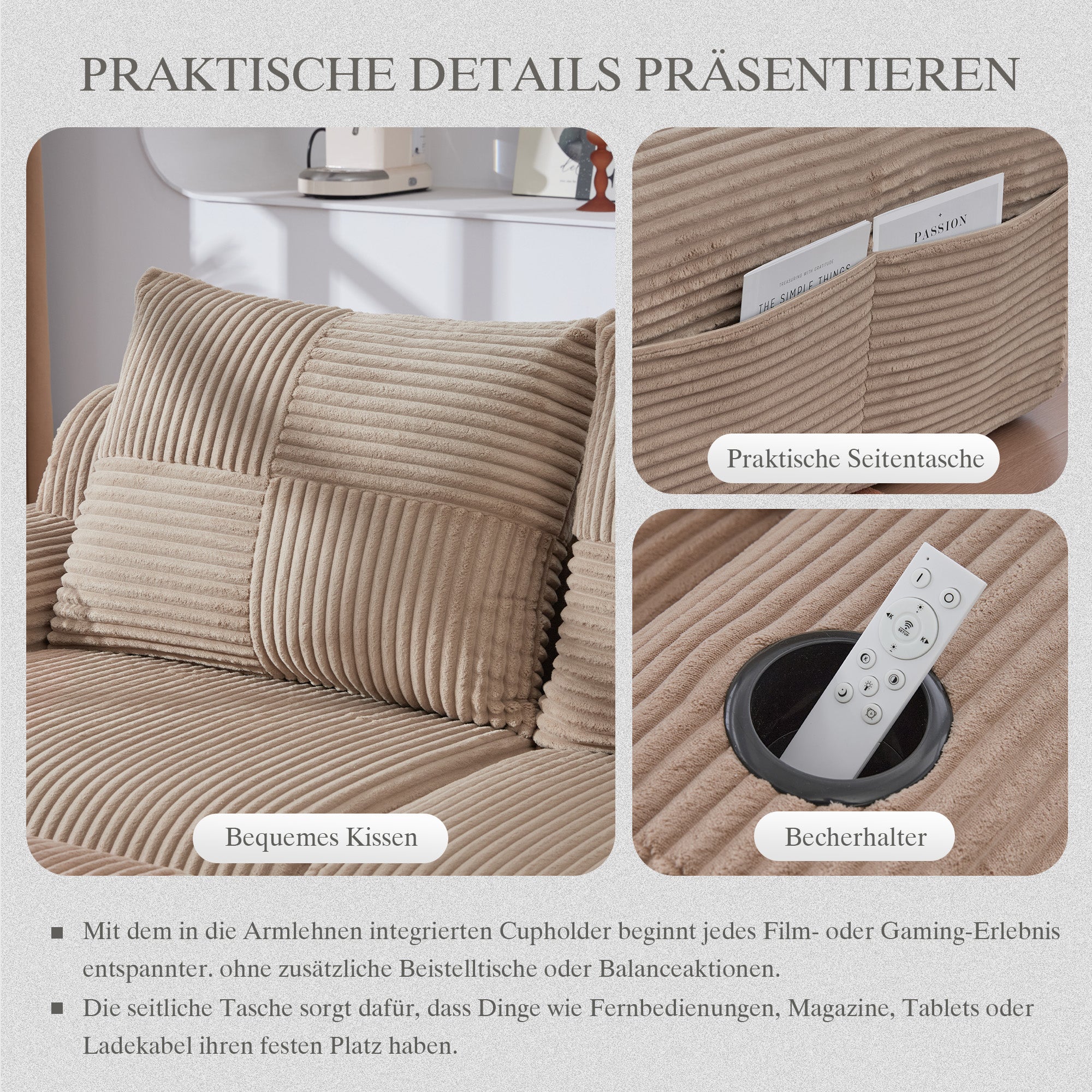 Modular 2-Seater Sofa with Cup Holder and Storage Pocket, Khaki Corduroy