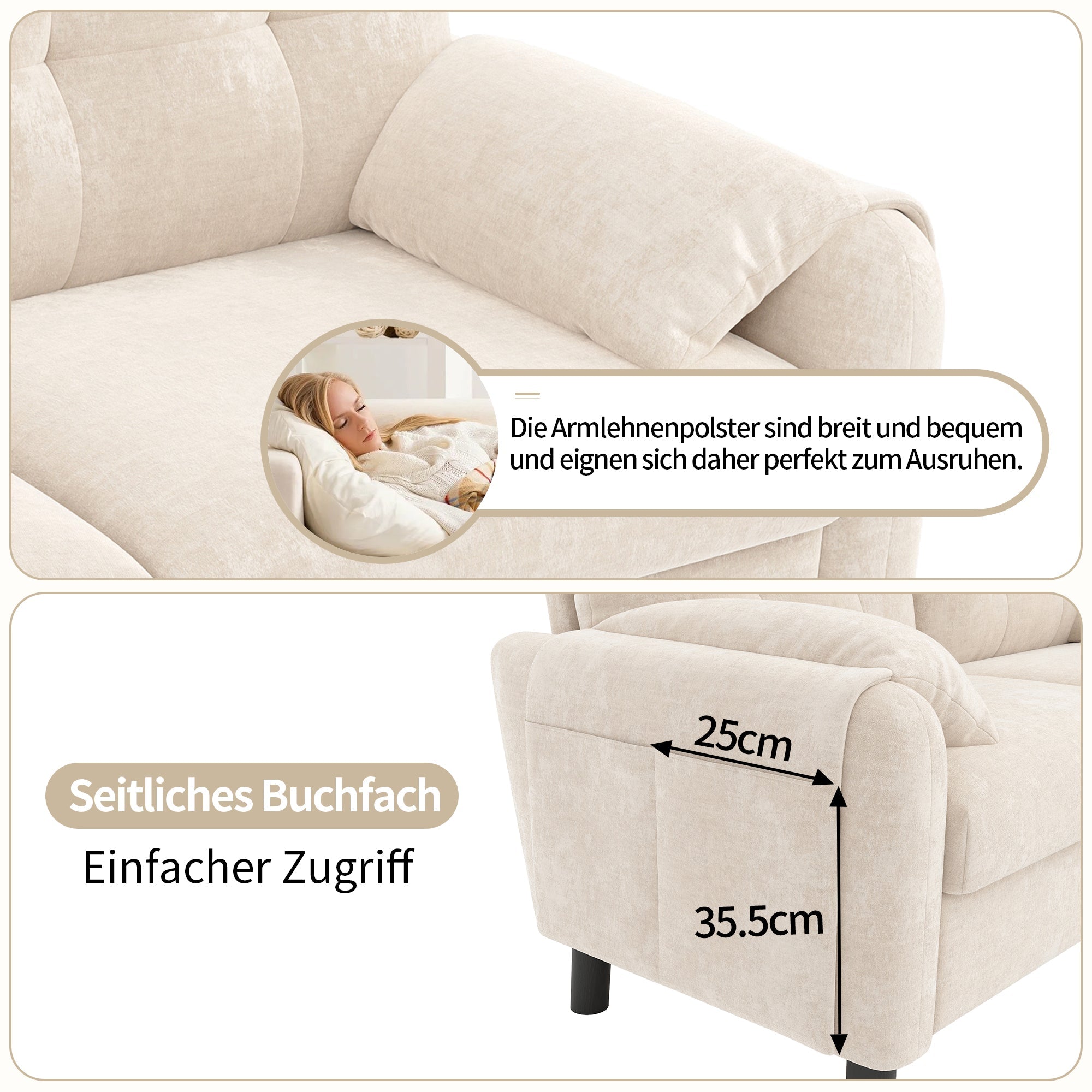 2-Seater Sofa, Comfortable Chenille Upholstered, Beige