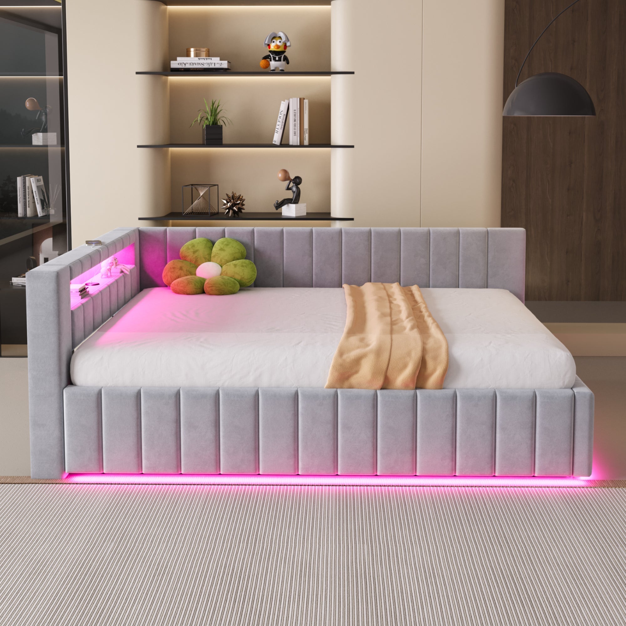 Upholstered Bed/Sofa Bed 140x200 Hydraulic Storage LED/USB Light Grey Velvet Fabric