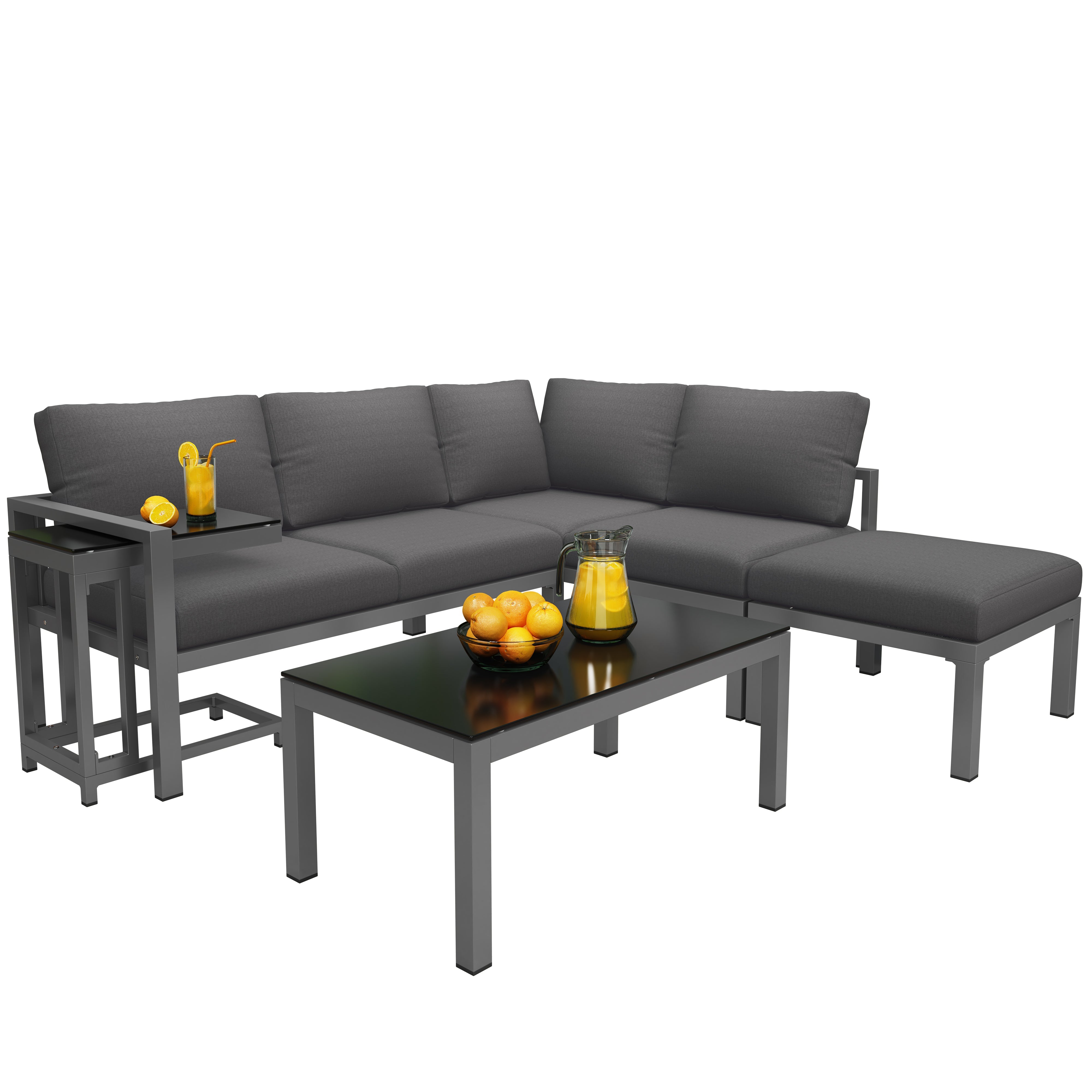 Garden Lounge Set Corner Chairs 4-5 Seater Side & Coffee Table 5-Piece - Grey