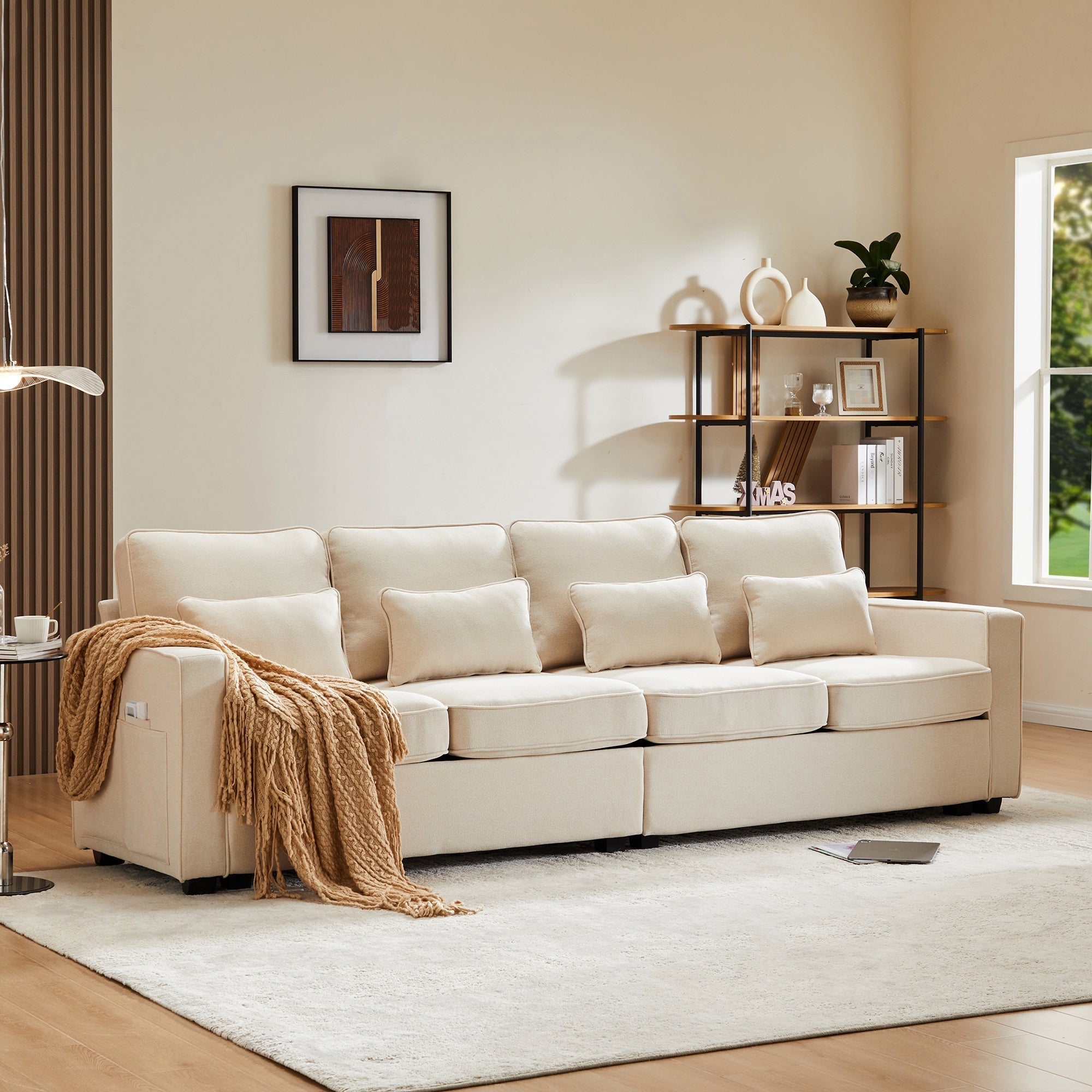 Sofa 4-Seater Linen Fabric with Armrest Pockets & 4 Cushions, Simple Style