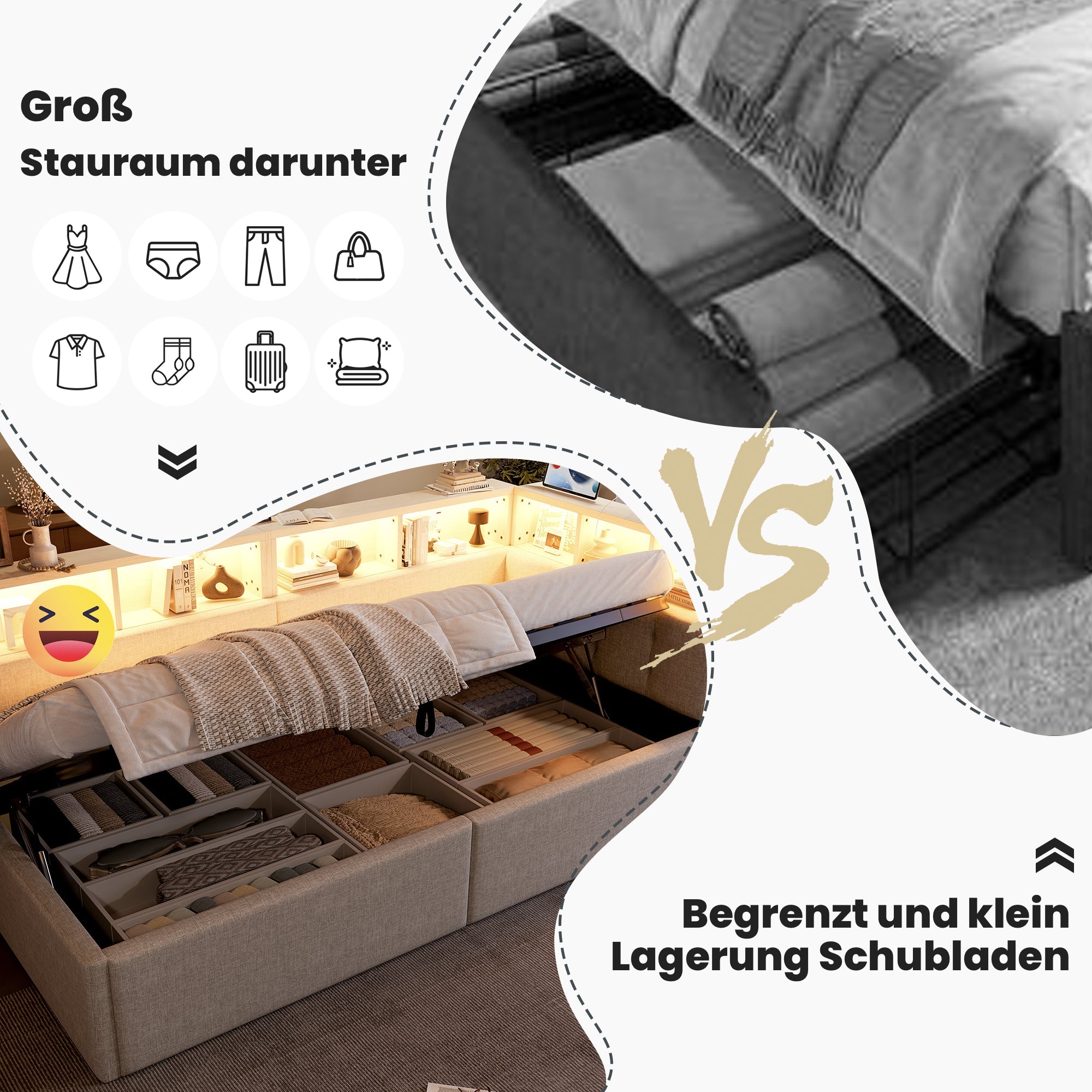 Daybed with USB Ports, Hydraulic Storage and LED, 90x200cm, Beige Linen
