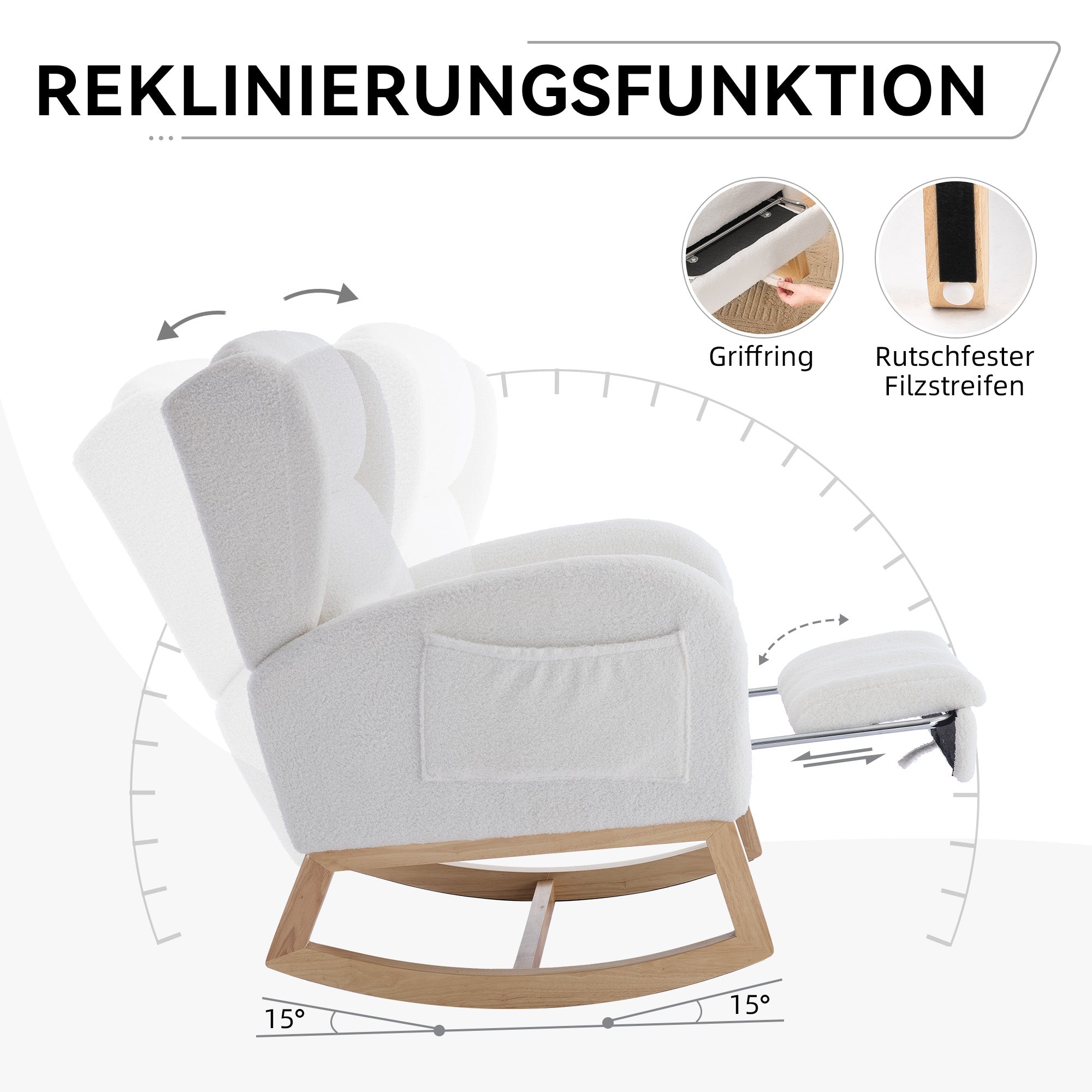 049B Rocking Chair, Nursing Lounge Chair with Adjustable Footrest, Teddy Fabric White