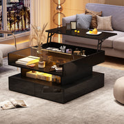 Coffee Table Height-Adjustable Hidden Storage LED Lights Tempered Glass, Black