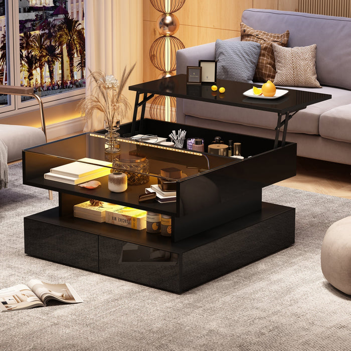 Coffee Table Height-Adjustable Hidden Storage LED Lights Tempered Glass, Black