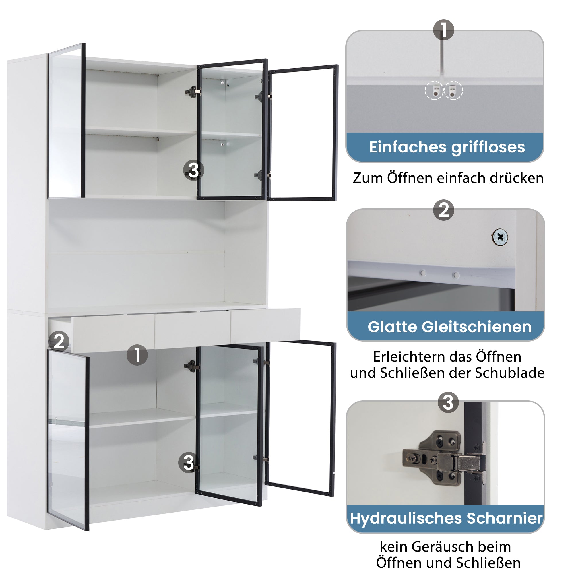 White Display Cabinet with LED Lights and Glass Doors, 200cm High, White and Black Frame