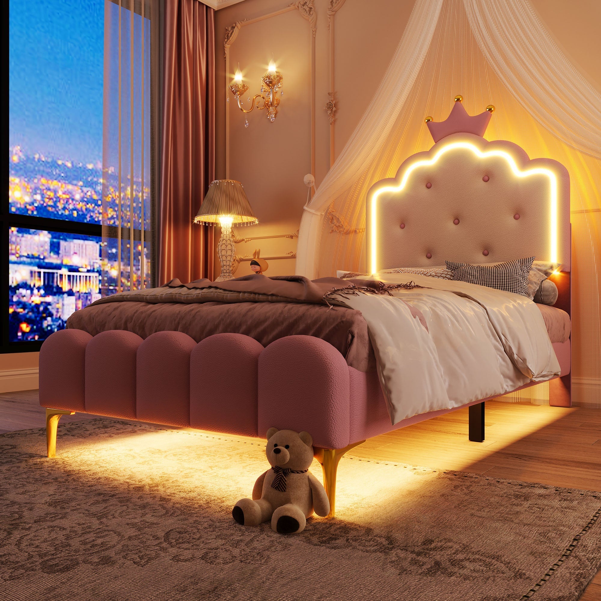 Upholstered Bed Princess Shape 90x200cm Ambient Light Pink PU Material