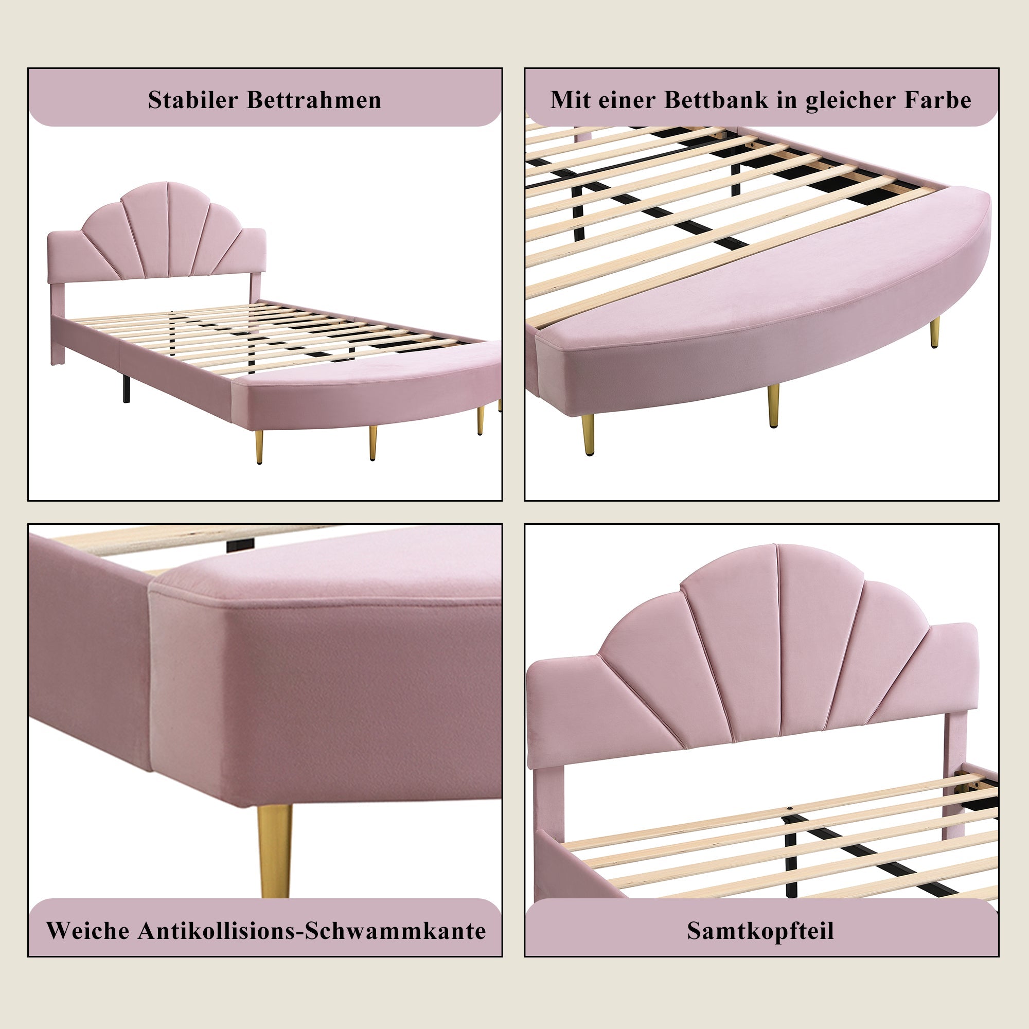 Upholstered Bed 140x200cm Velvet Headboard Matching Bench - Pink Velvet