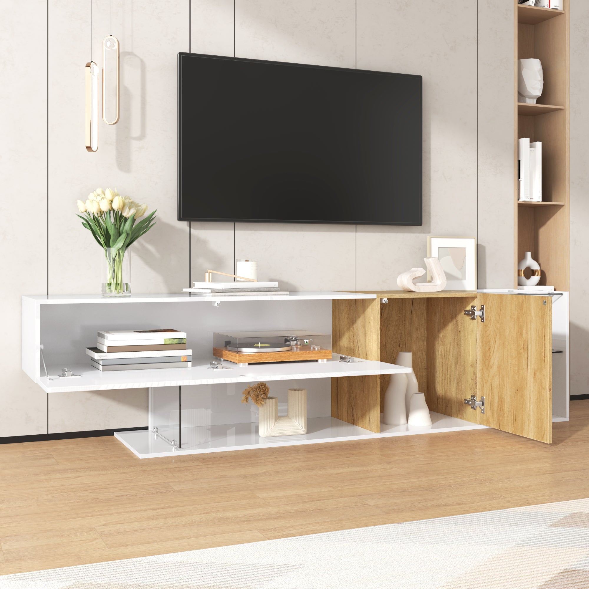 TV Cabinet, Modern High-Gloss with Glass Shelves, White Wood