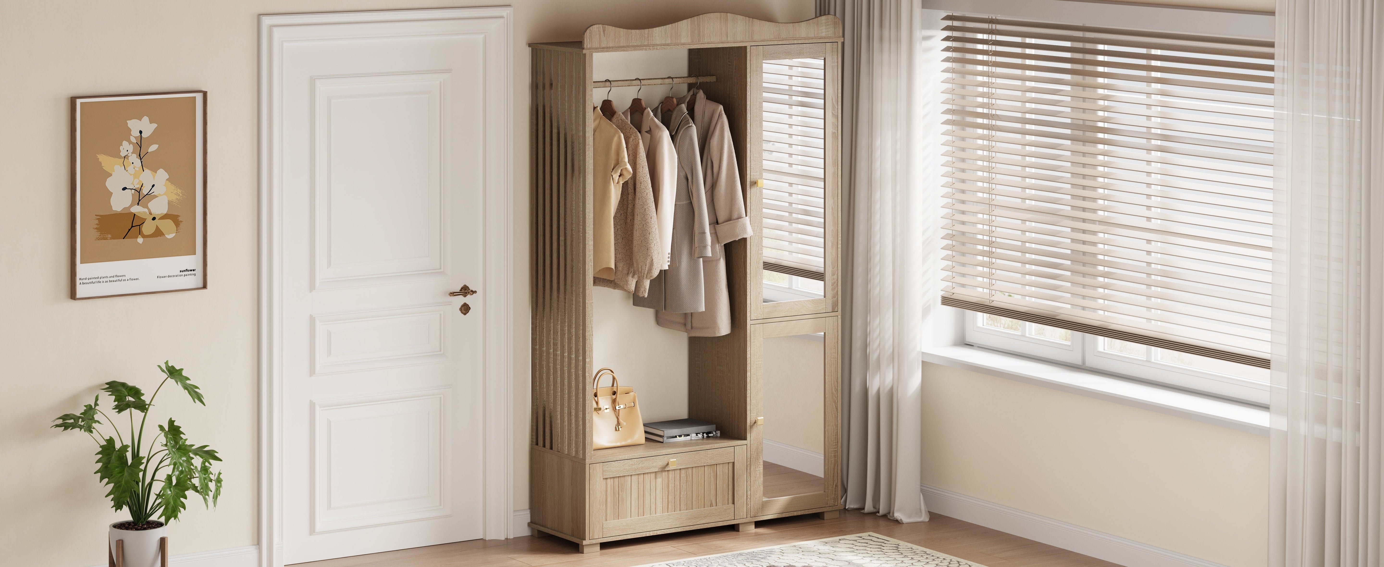 Wardrobe with Mirror and Open Clothes Rack, Drawer and 2 Doors, Wood Wood