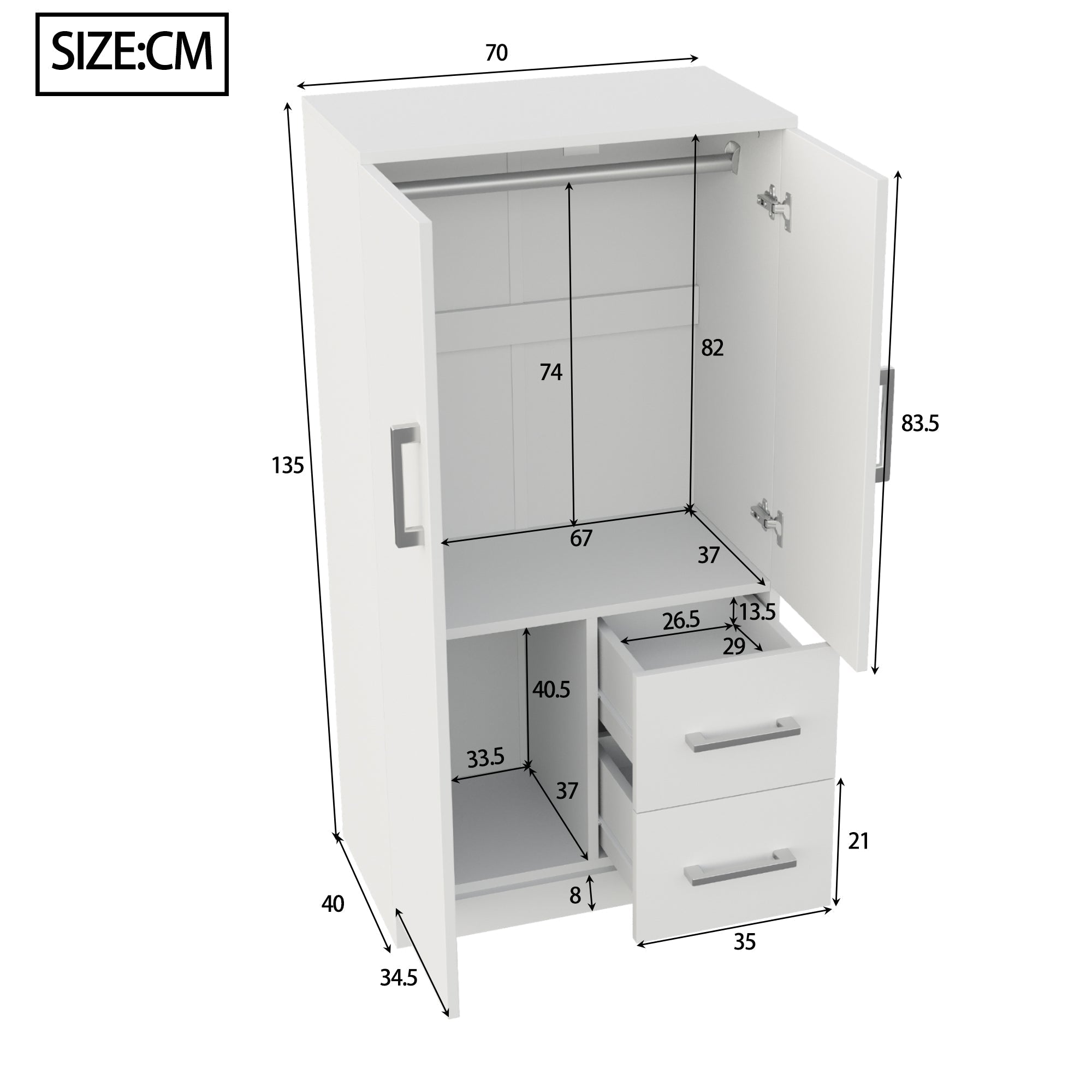 Wardrobe Double Door Drawers Storage 70x40x135cm, White