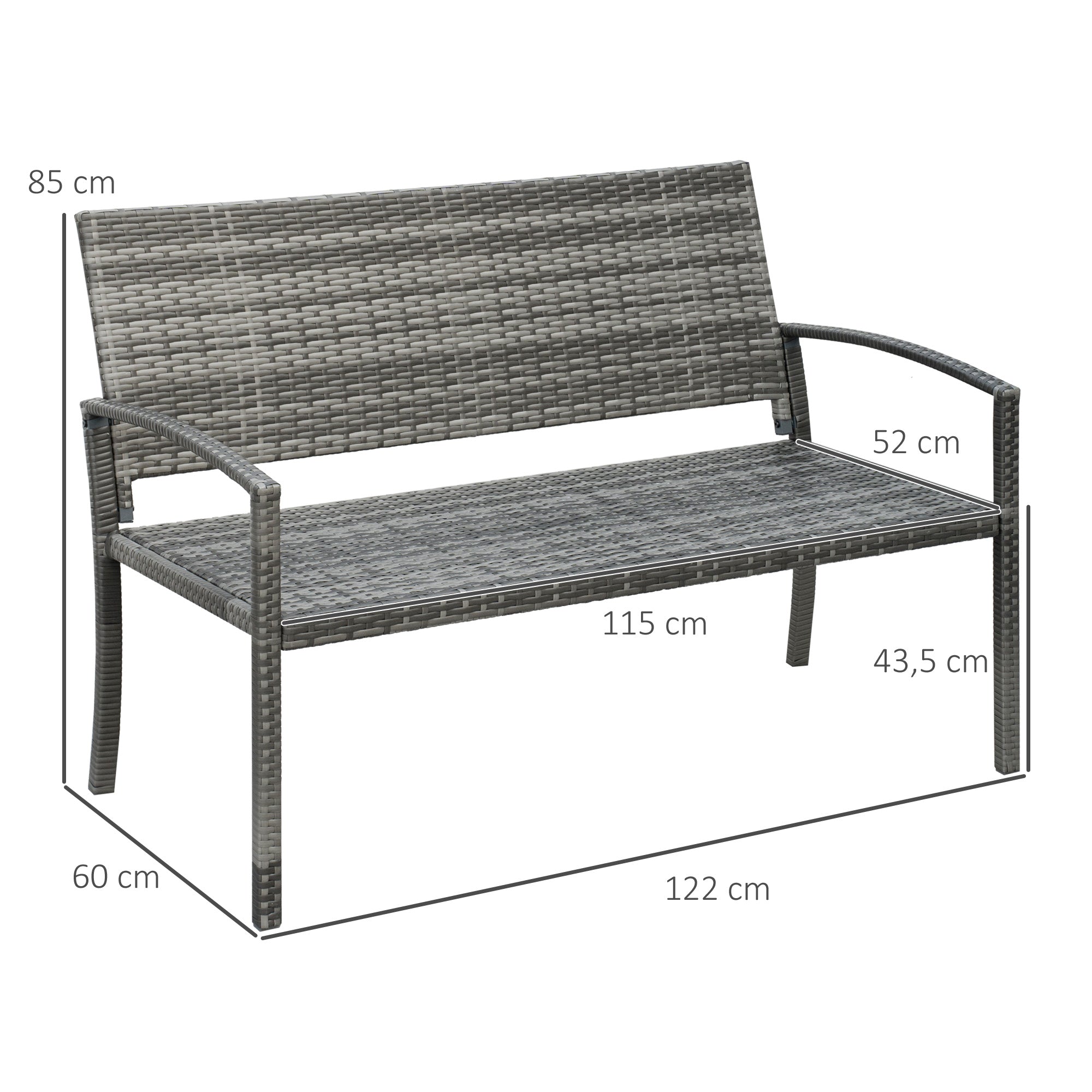 Garden Bench, Rattan Look 2-Seater Steel Frame 320kg Capacity, Grey